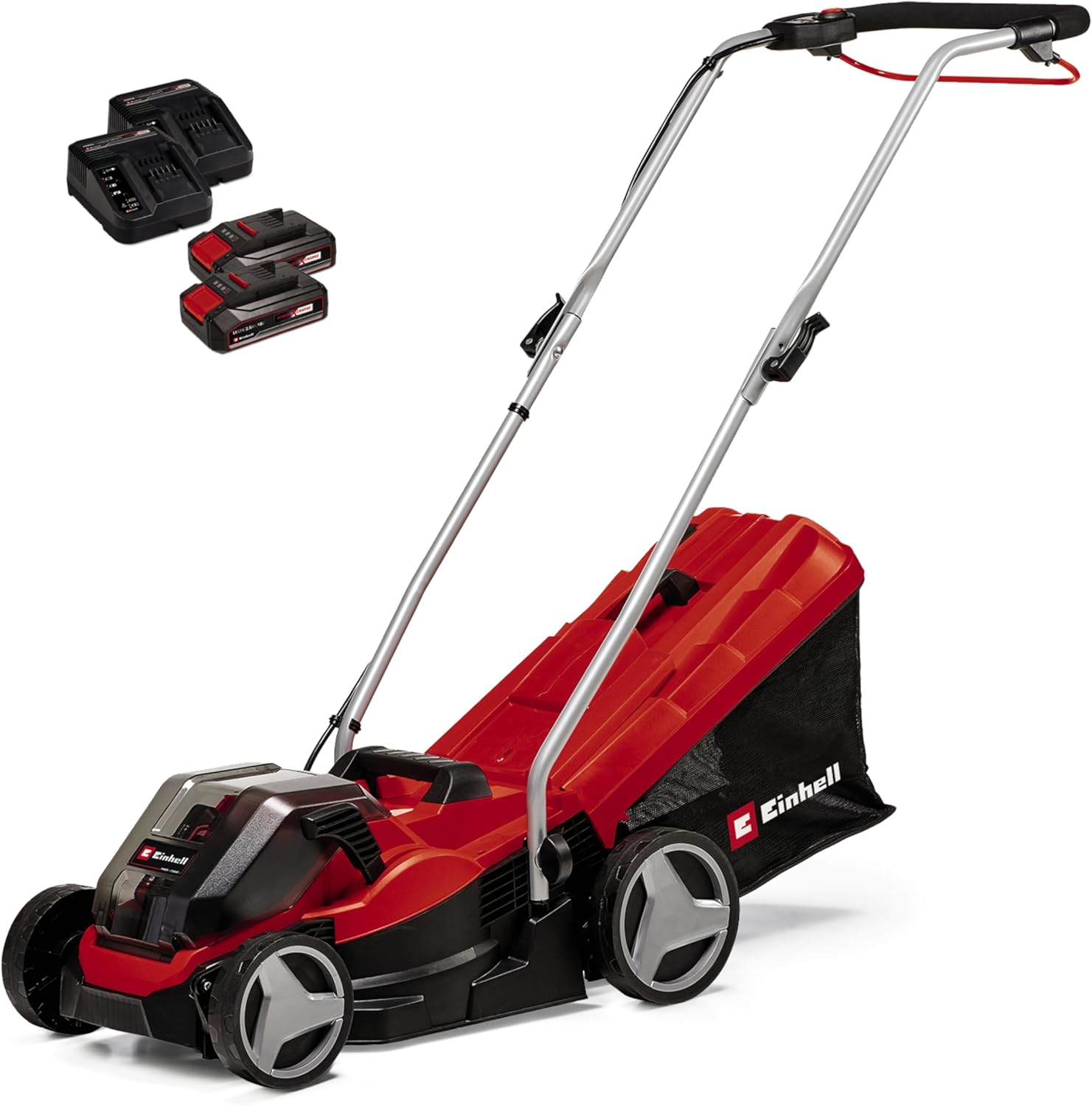Einhell Akku-Rasenmher GE-CM 36/33 Li Kit Power X-Change (36 V, 33cm Schnittbreite, bis 250 m, 30L Fangkorb, 25-65 mm Schnitthhe, inkl. 2x 2,5 Ah Akkus + 2x Ladegerte)