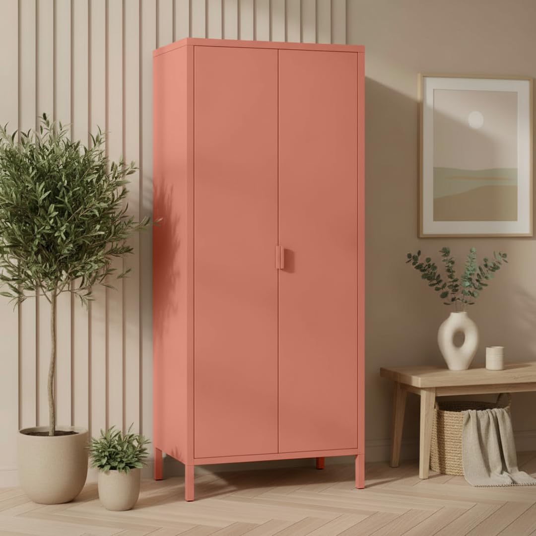 skølm Ituri Metallschrank Terrakotta – Kleiderschrank mit 6 Fächern & 2 Kleiderstangen – Garderobenschrank Flur 80 cm breit – Schlafzimmerschrank Industrial Style – Stahlschrank für Wohnzimmer & Büro