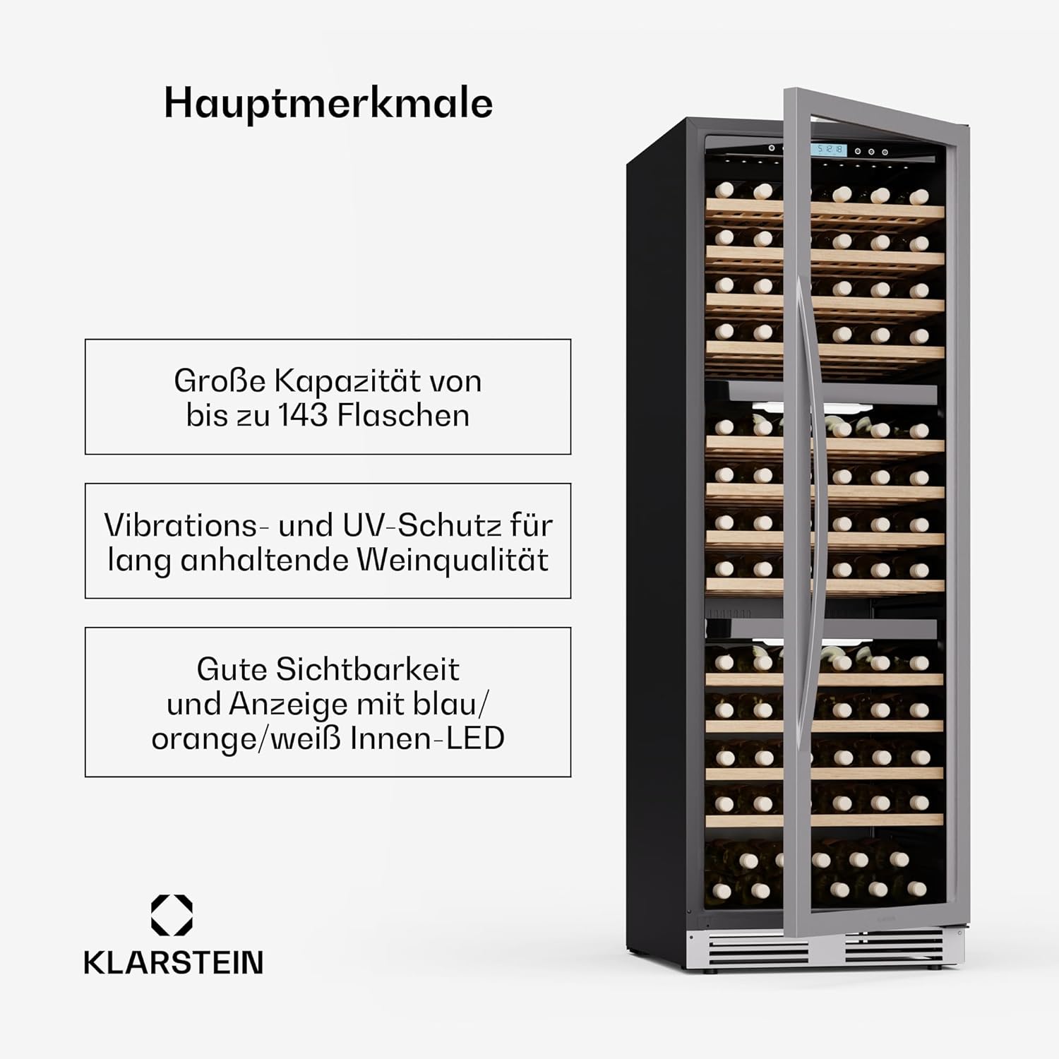 Klarstein Vinovilla Trio Weinkühlschrank – 144 Flaschen, 3 Zonen, 5–20°C, LED-Beleuchtung, UV-Schutz, freistehend, Weinklimaschrank