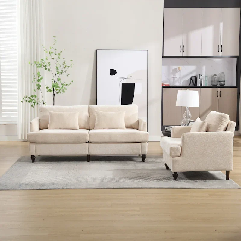 HOMEFUN Chenille Upholstered Loveseat and Armchair Set with Wooden Frame for Living Room
