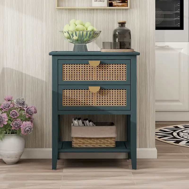 Rattan Nightstands with 2 Drawers and Shelves