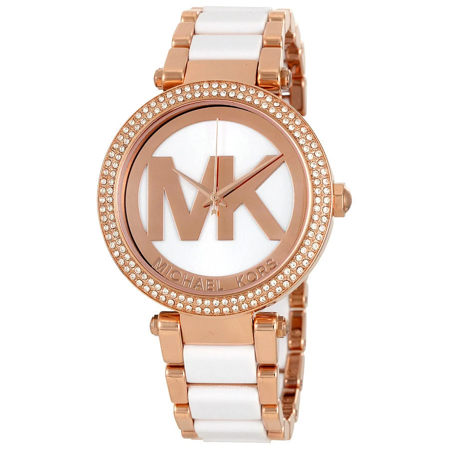 Michael Kors Parker Rose Gold-Tone and White Acetate Women's Watch - MK6365