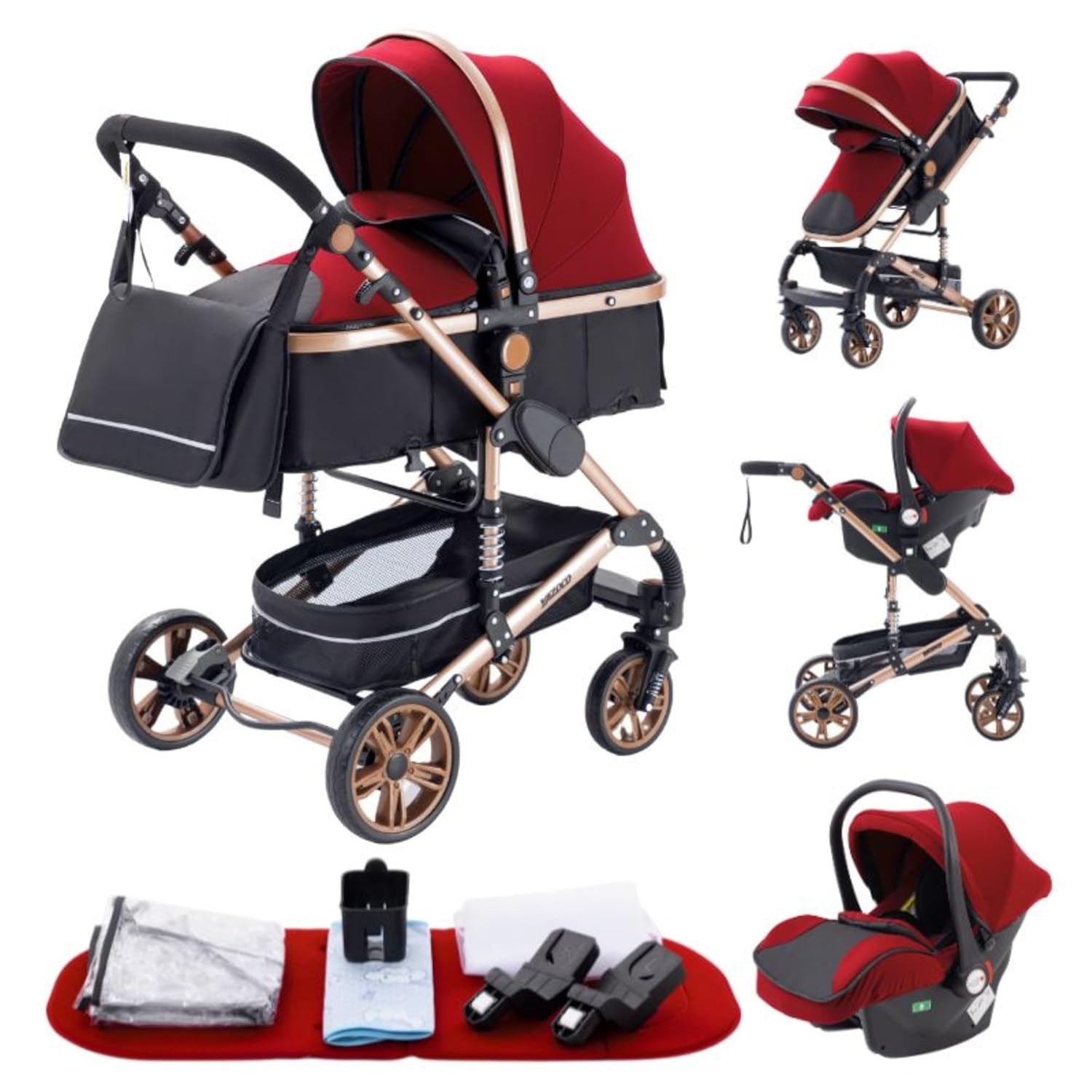 YAZOCO kinderwagen 3 in 1 Buggy Babybett Komplett Set Einem Klick Zusammenklappbarer Kinderwagen, KombiKinderwagen Aluminiumrahmen für Neugeborene (Schwarz)