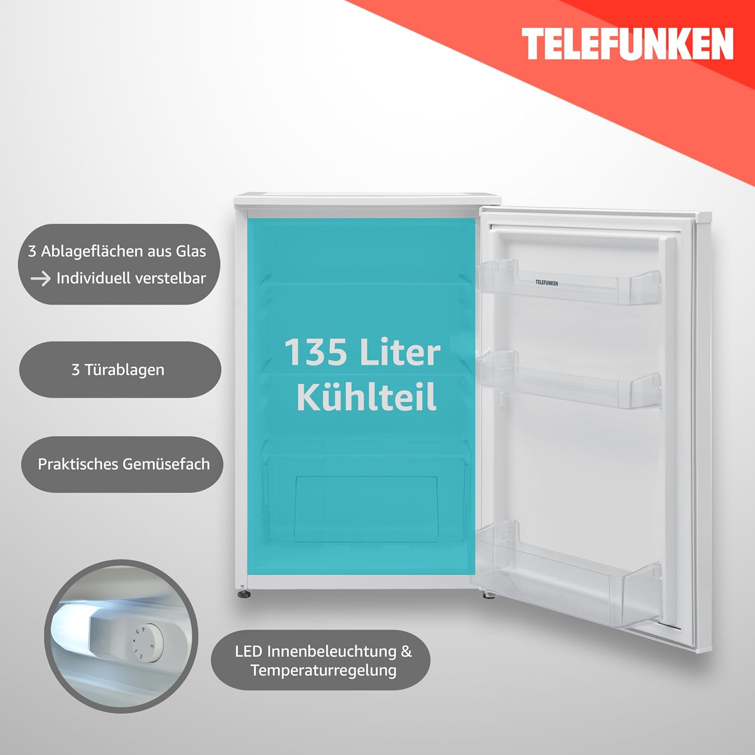 TELEFUNKEN Kühlschrank ohne Gefrierfach | Freistehend | 135 Liter Nutzinhalt | Kühlschrank klein mit Gemüsefach | LED-Beleuchtung | Türanschlag wechselbar | C-135-100-W weiß