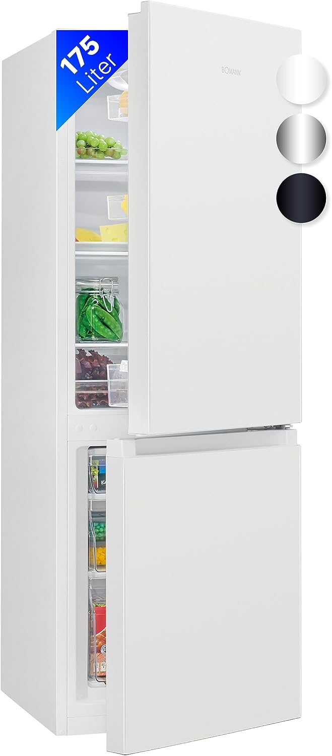 Bomann® Kühlschrank mit Gefrierfach 143cm hoch | Kühl Gefrierkombination 175L mit 3 Ablagen & 3 Schubladen | Türanschlag wechselbar | leise Kühlgefrierkombi 39db | Kühlschrank KG 322.1 inox-look