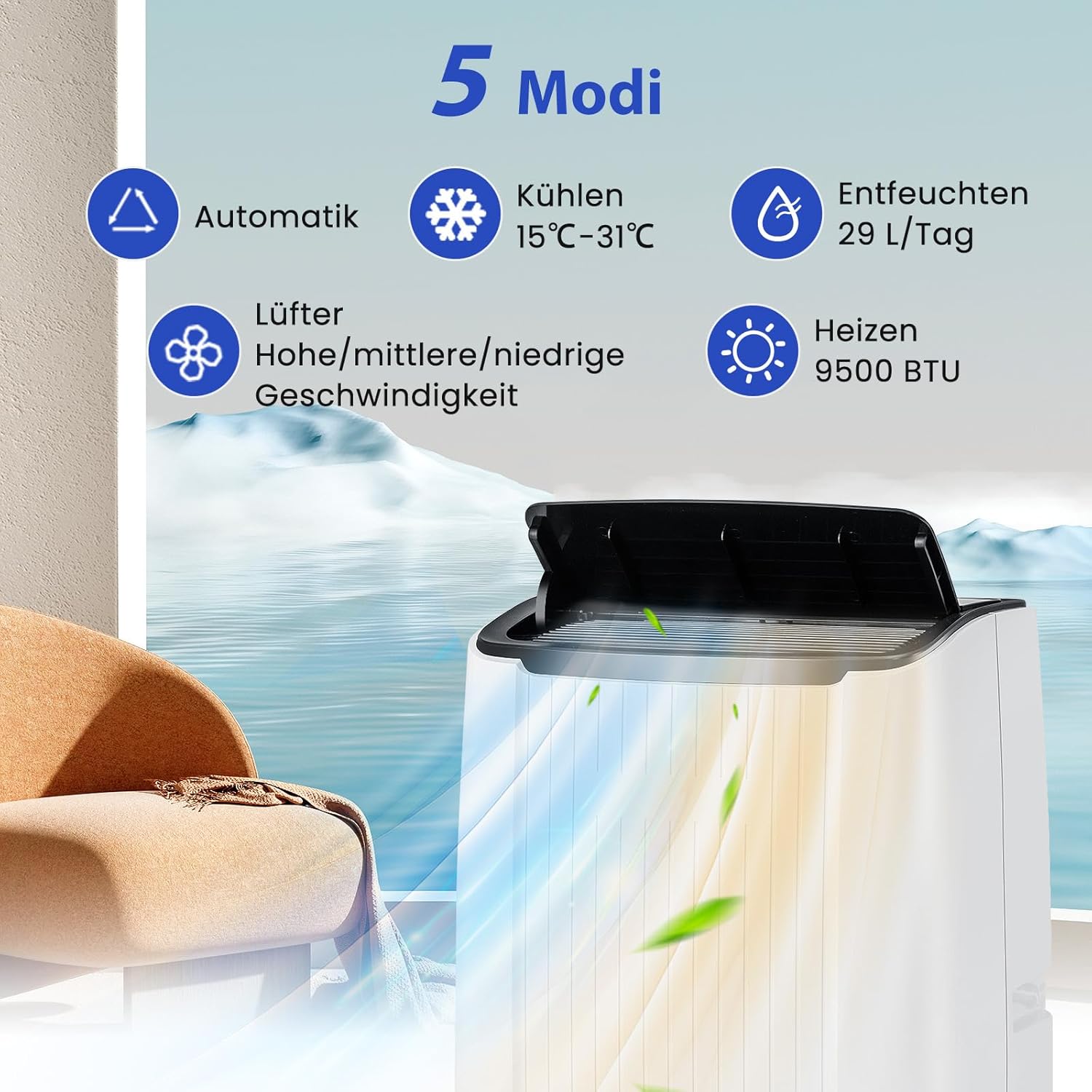 GOPLUS Klimaanlage mit Abluftschlauch, mobiles Klimagerät | 5 in 1: Kühlen, Heizen, Entfeuchten, Belüften, Auto | Schlafmodus | App Steuerung | 1-24H Timer | für Räume bis zu 42㎡ (12000 BTU)