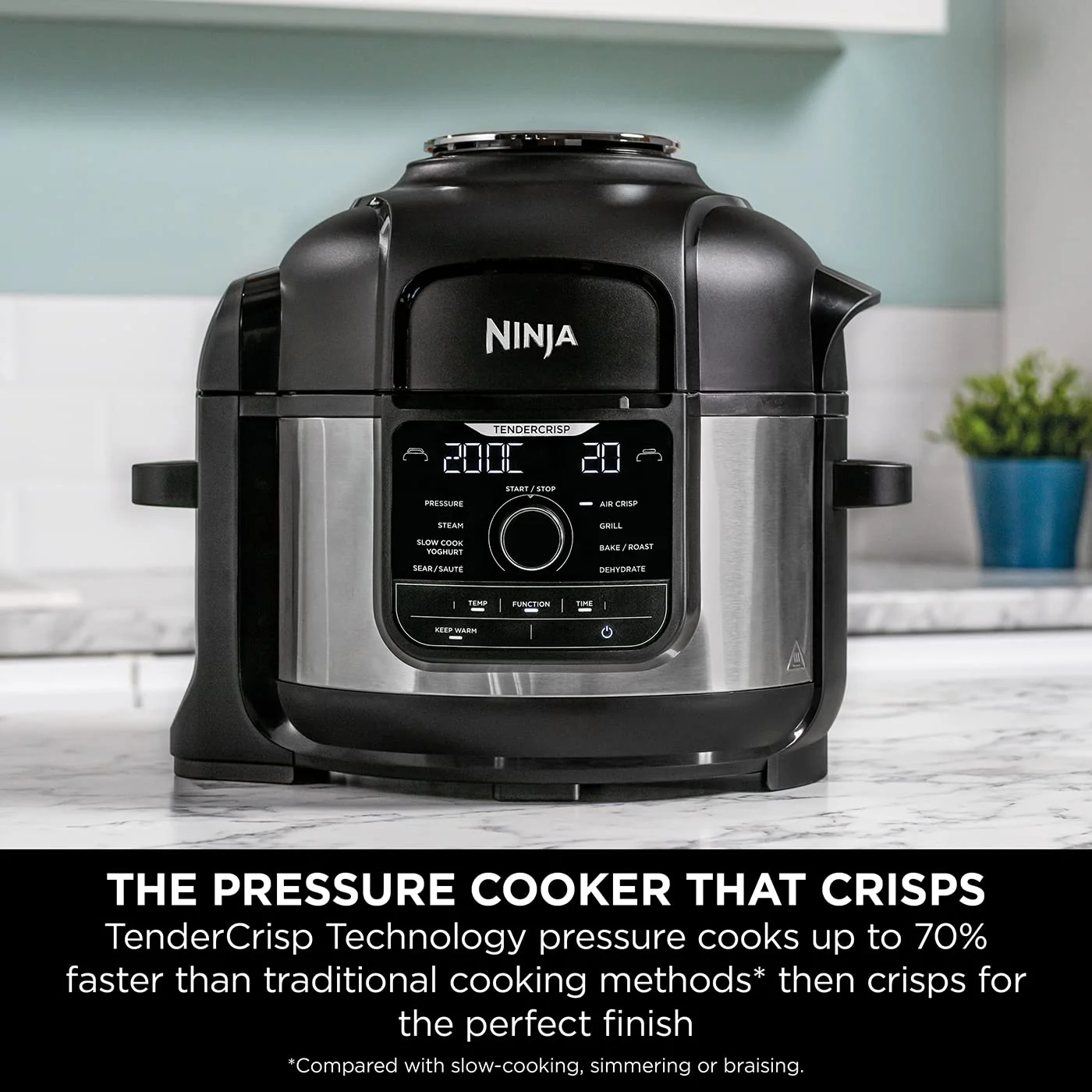2025 Ninja Foodi Multikookpan OP350UK, 9-in-1, 6 L, elektrische snelkookpan en airfryer, geborsteld staal en zwart