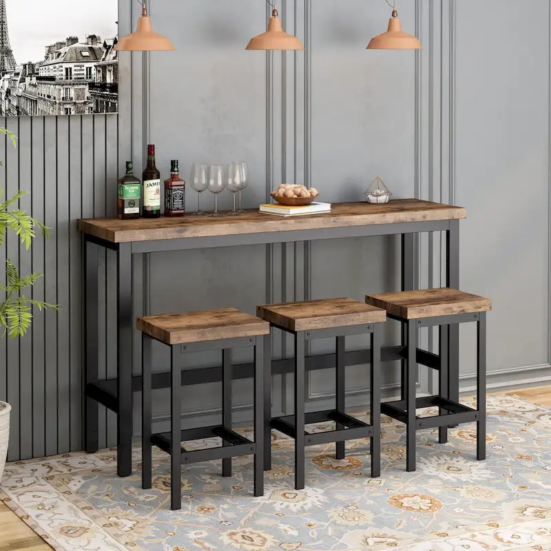 Extra Long Dining Table Set with 3 Stools Pub