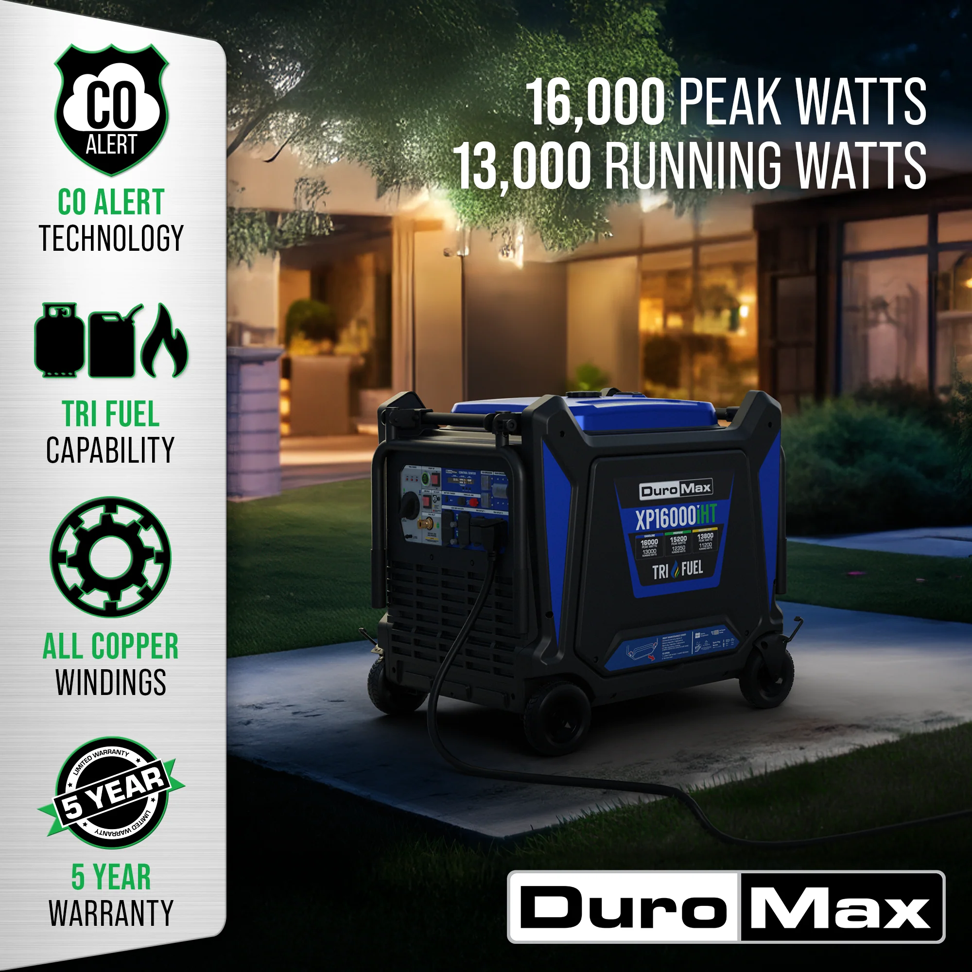 2025 Draagbare Drievoudige Brandstof Inverter Generator van 16.000 Watt met CO-waarschuwing