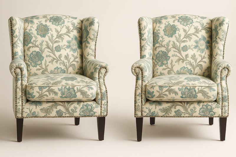 Set de 2 Sillones Orejeros Estilo Clásico Tela Algodón Estampado Floral Verde/Azul 75x90x105cm