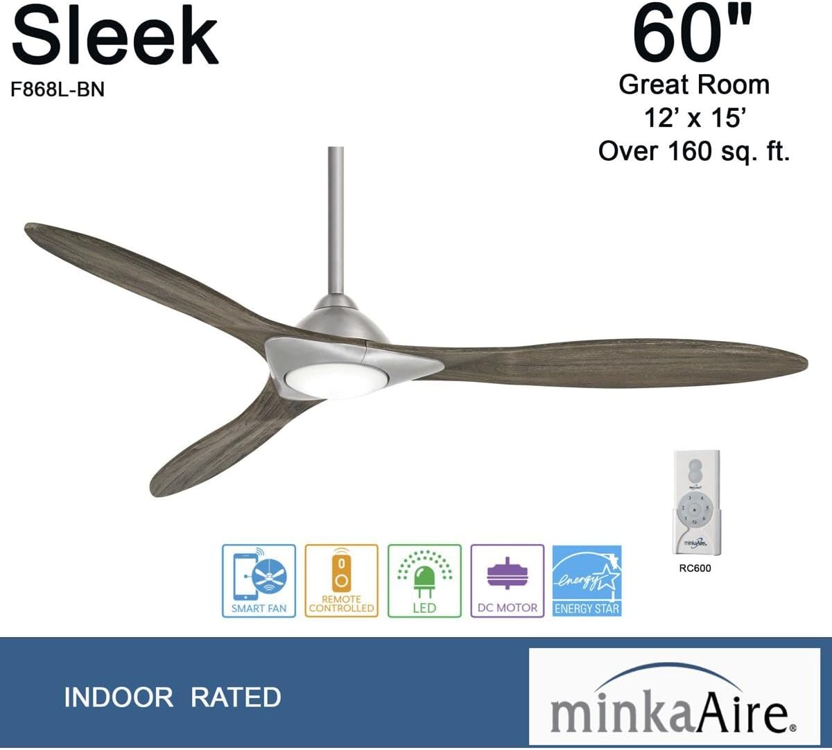 Minka-Aire Sleek 60′′ Ceiling Fan, Soft Brass/White, LED, Smart Remote/App Control, Energy Star Certified