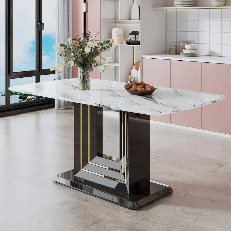 Elegant Dining Table with White Imitation Marble Top, Black MDF Legs Featuring Gold Accents, and a Stylish Black Base