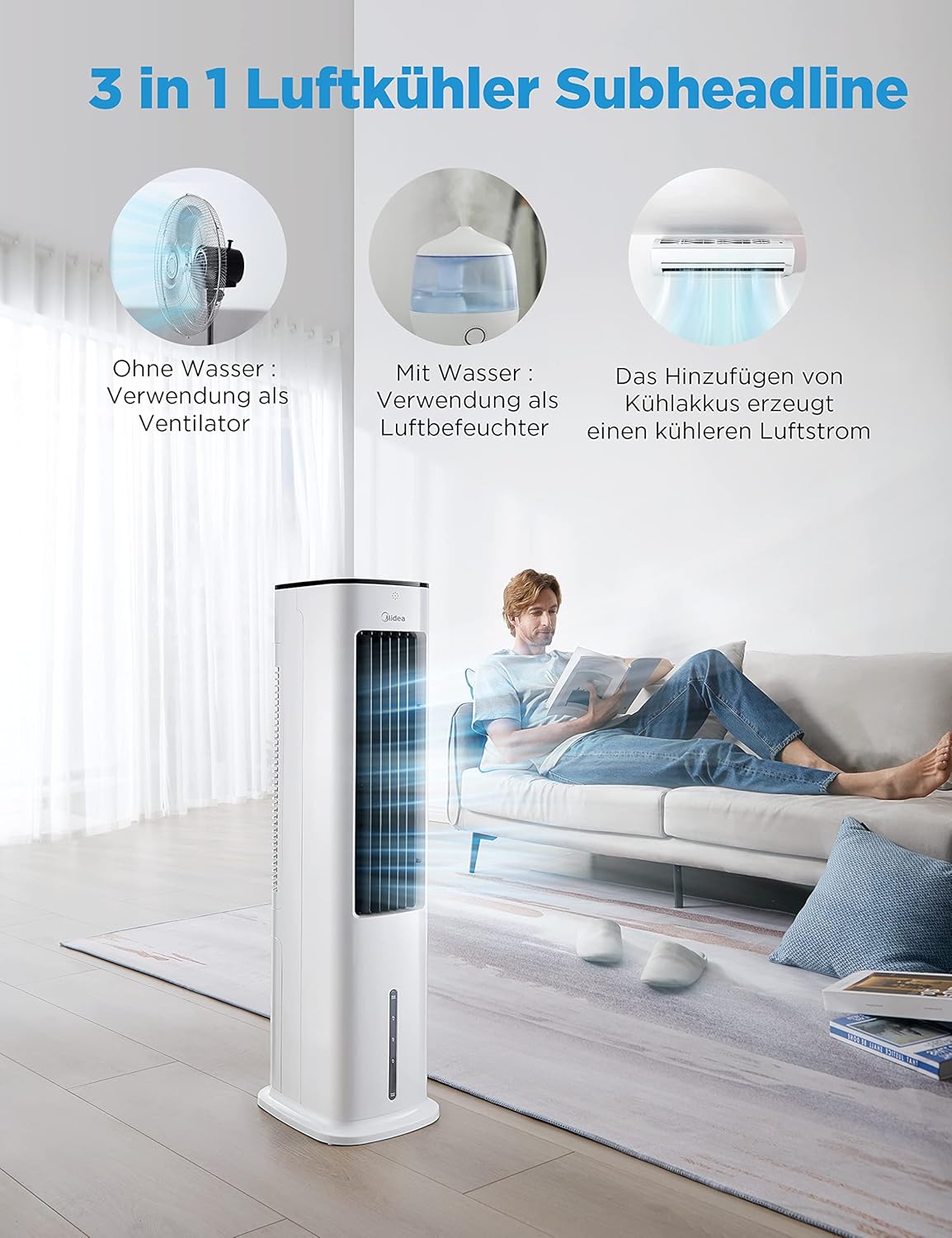 Midea Luftkühler mit Wasserkühlung, Klimaanlage Mobil, Ventilator mit 5L Wasserkühlung, Luftbefeuchter und Ionisation, Klimaanlage Ohne Abluftschlauch, 355m/h, Ventilator mit Fernbedienung,55W,Wei