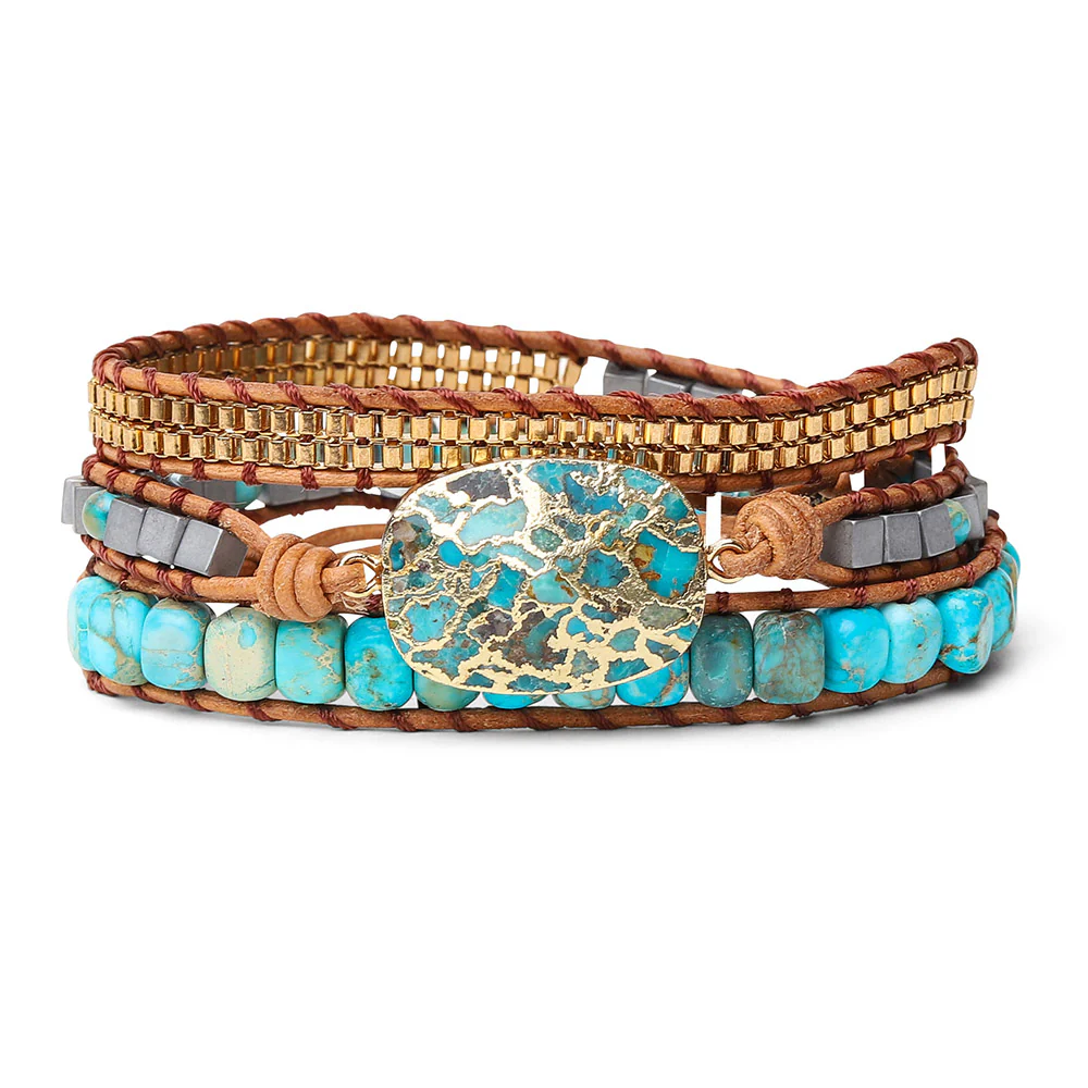 Turkoois & Jaspis Wikkelarmband - Goud Geperst - Verstelbaar