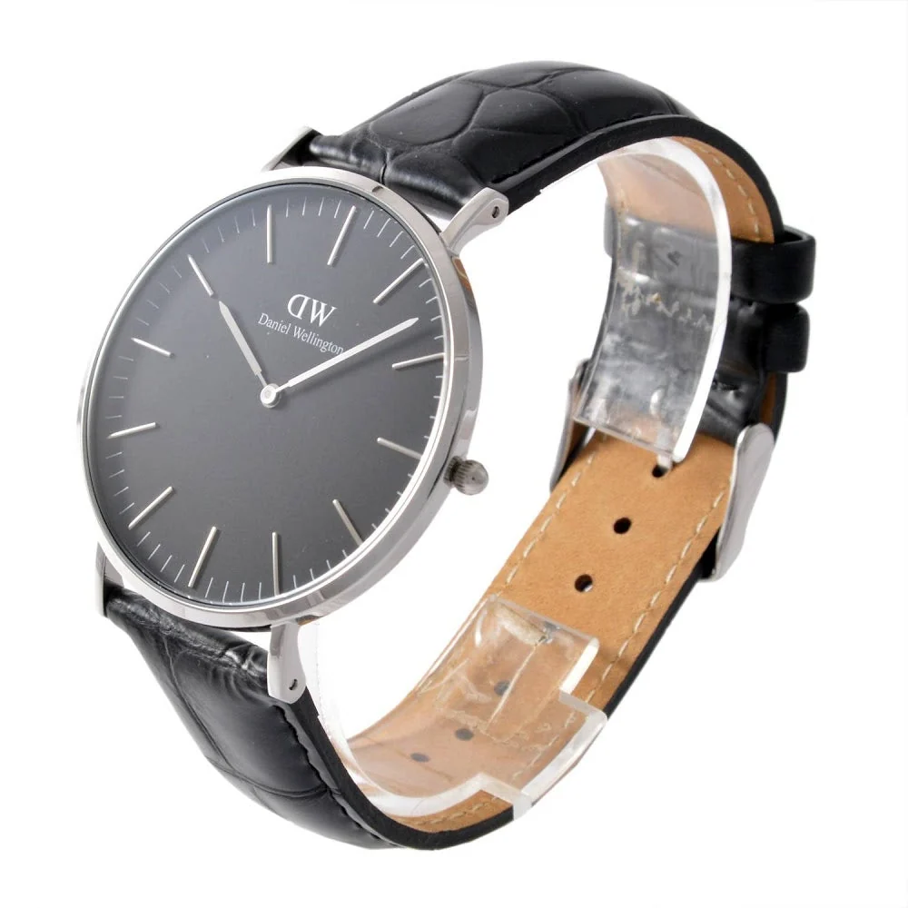 Daniel Wellington Reading 40mm Black Genuine Leather Men's Silver Watch - DW00100135