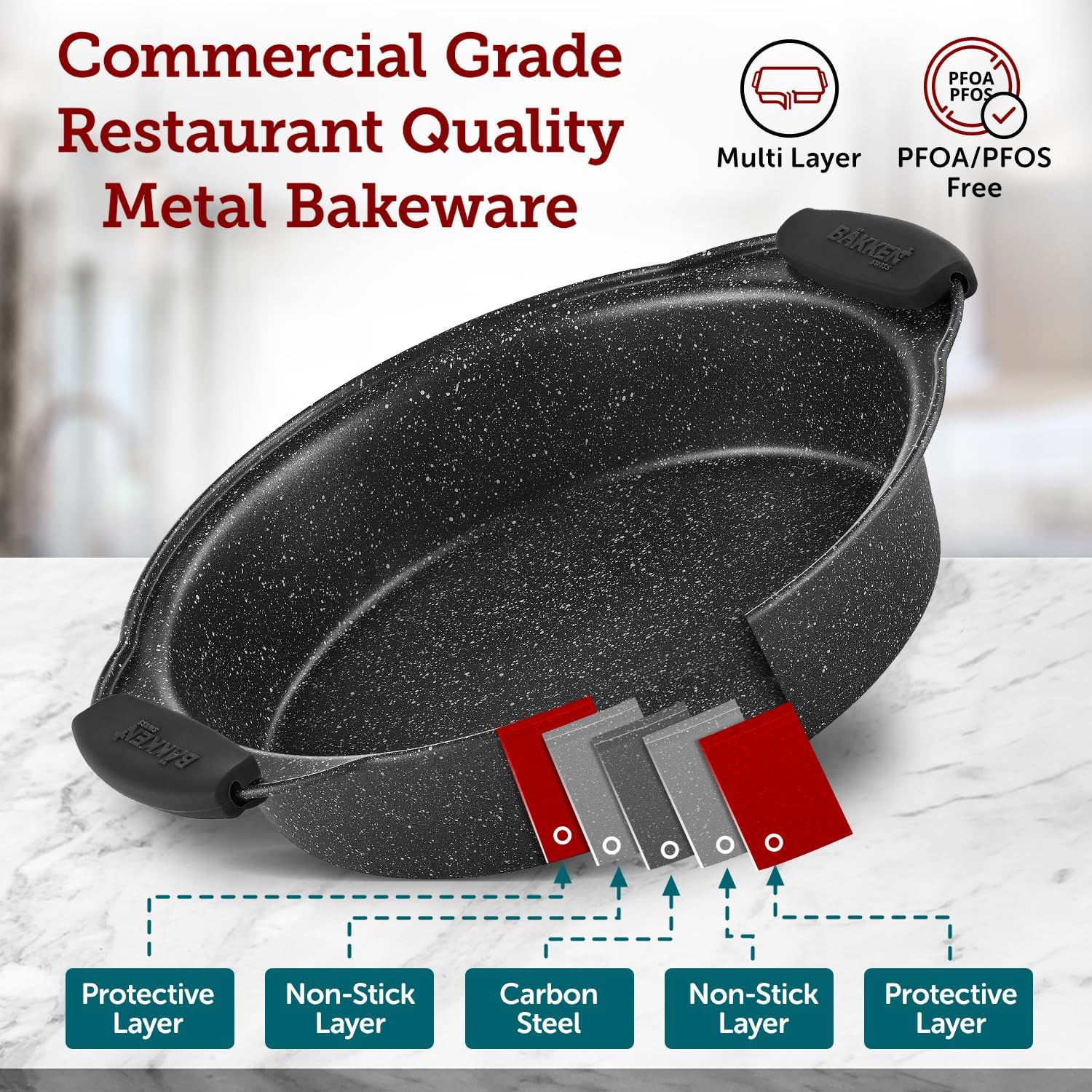 18-Piece Kitchen Oven Baking Set: Nonstick Gray Marble Coating, Carbon Steel Bakeware, Silicone Handles, Dishwasher Safe, Professional Quality, PFOA-Free