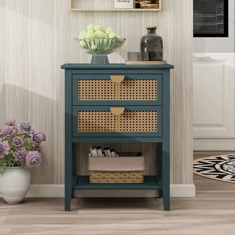 Rattan Nightstands with 2 Drawers and Shelves