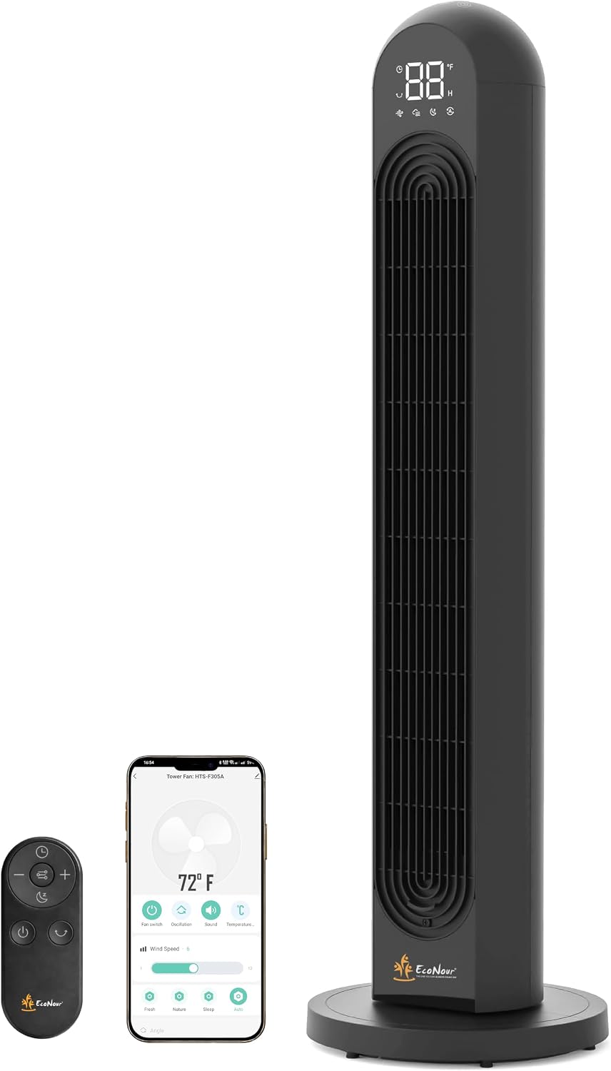 EcoNour 42-Inch Smart Tower Fan | Oscillating Quite Cooling Fan with WiFi/Alexa/Remote Control | 12 Speeds, 4 Modes, 12H Timer | LED Touch Display | Bladeless Design Fans for Bedroom & Office (Black)