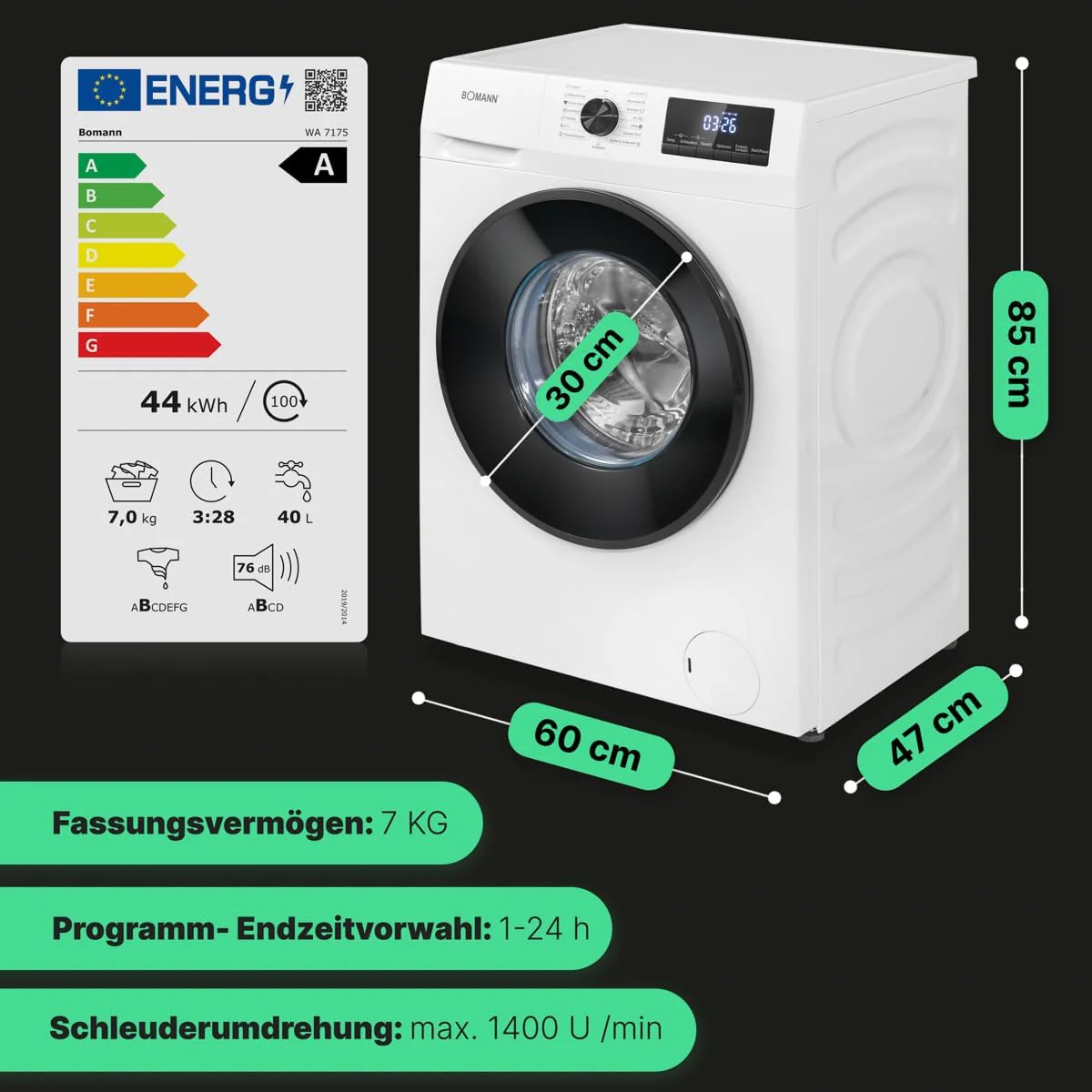 Bomann Wasmachine 7kg | maximaal 1400 tpm | 10 jaar motorgarantie | Effici?nte, stille en duurzame invertermotor | 15 programma's | Eindtijd Netnummer | LED-scherm | Wasmachine | WA 7175 wit