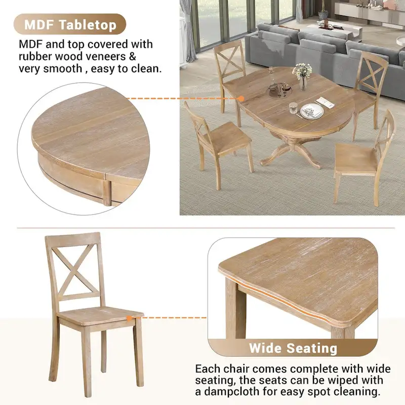 5-Piece Dining Round Extendable Table Set with 4 Chairs