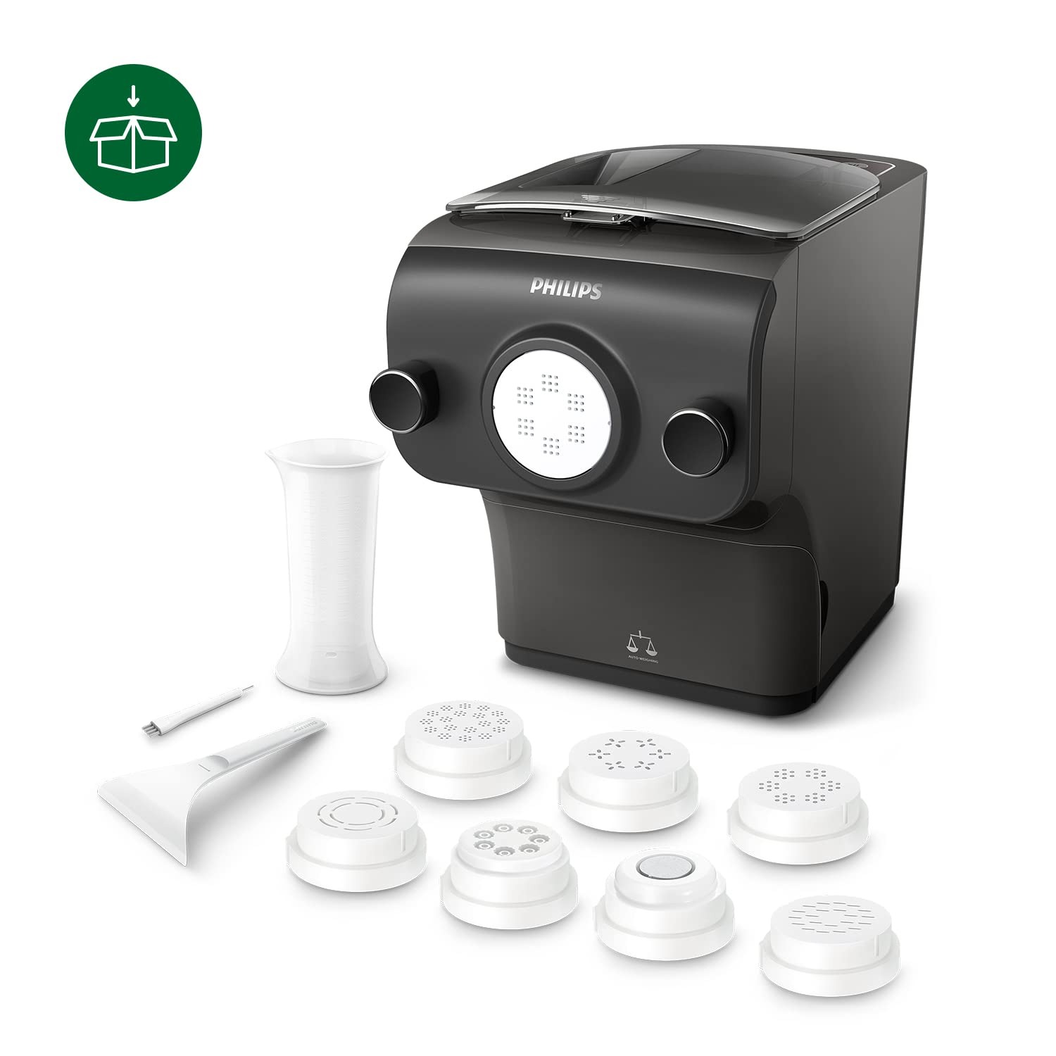Philips Serie 7000 Macchina per la Pasta - Tecnologia ProExtrude, Pesatura Automatica, 8 Trafile, Impasto Perfetto, Facile da Pulire, Fino a 8 Porzioni, Nero (HR2665/93)