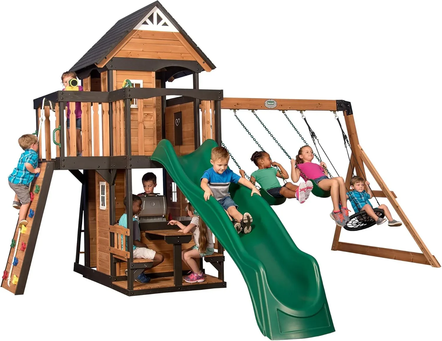 Cedar Wood Swing Set with Wave Slide and Play Features
