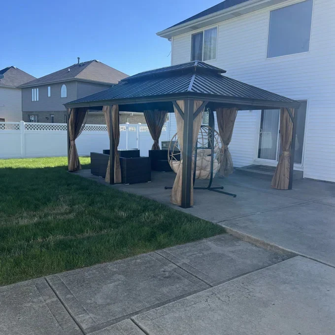 Wood Grain Hardtop Gazebo with Rain Gutter
