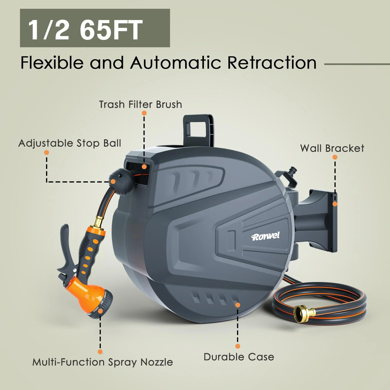 Roywel Garden Hose Reel with Retractable Hose 65ft x 1/2