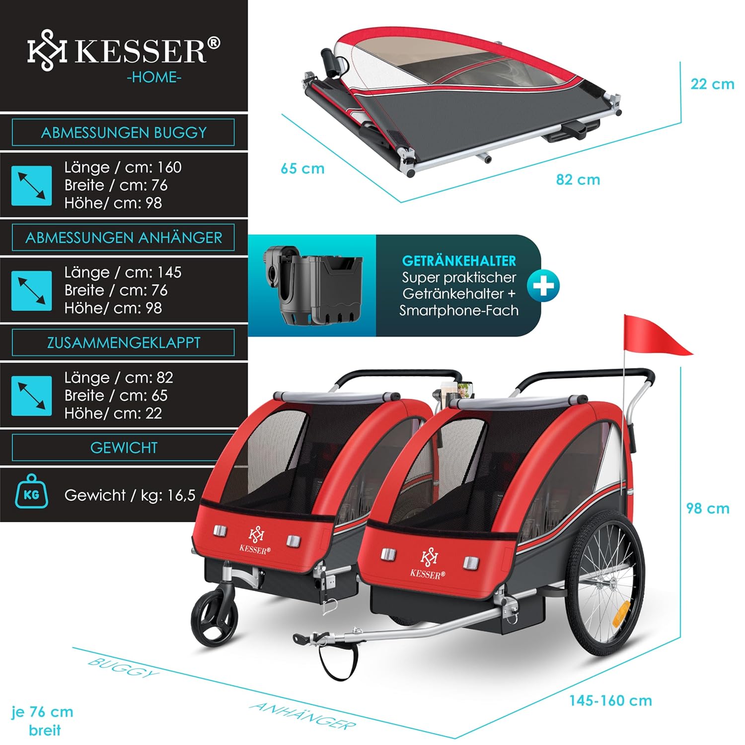 KESSER Kinderfahrradanhänger Sport-RX 2in1 Jogger & Buggy 5-Punkt-Gurt Sicherheitsgurt 360° Vorderrad Kinderfahrradanhänger Reflektoren für 1-2 Kinder (max. 40 kg) Getränkehalter & Smartphonefach