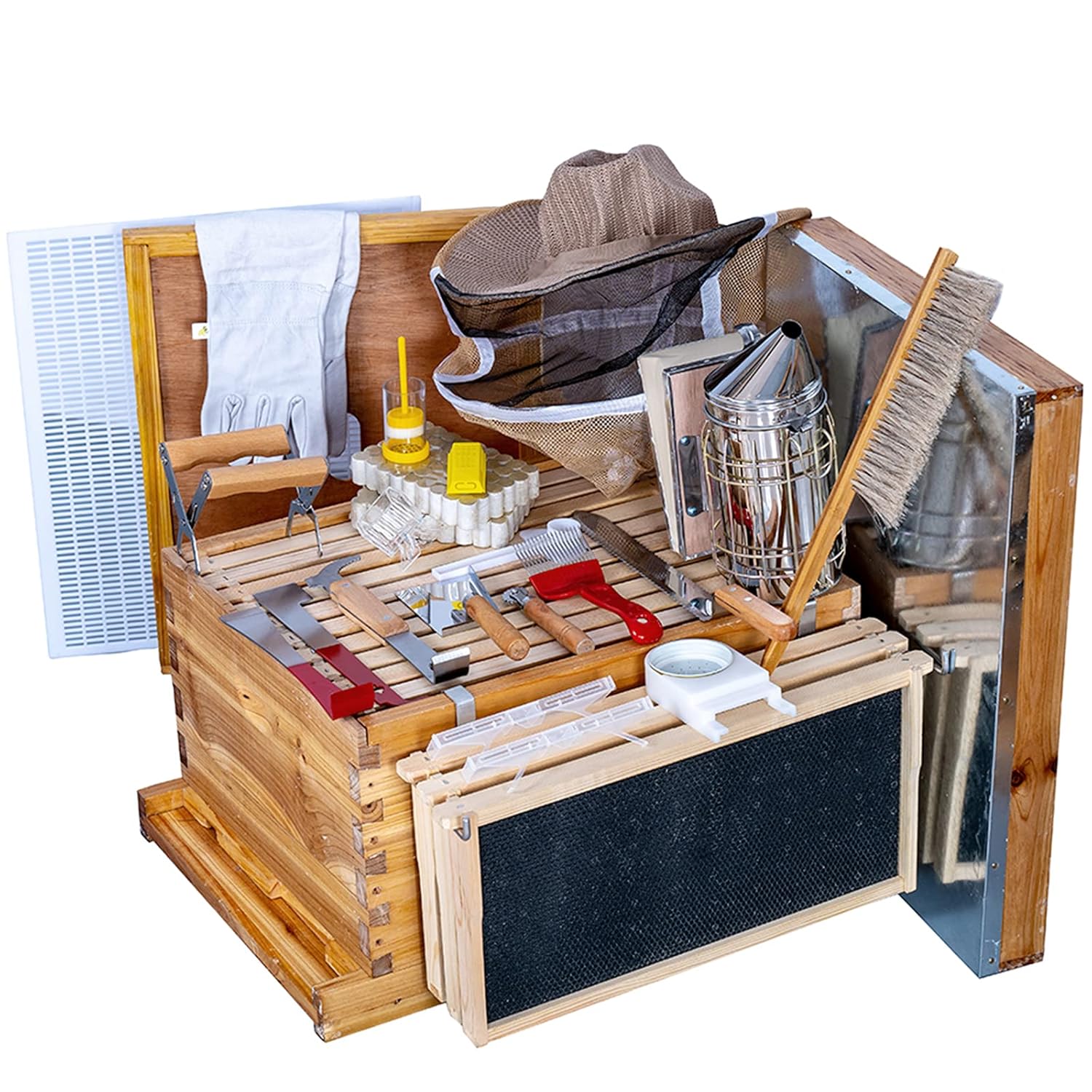Beehive Starter Kit 8-Frame Bee Boxes and Frames Starter Kit Wax Coated Bee Hives and Supplies Starter Kit Including Beekeeping Tools Kit with Beekeeping Veil