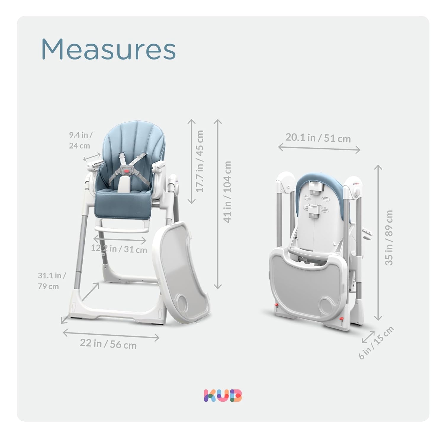 JBG Foldable Baby High Chair, Grey Faux Leather, Adjustable Height & Recline, Removable Tray, Locking Wheels, 5-Point Harness