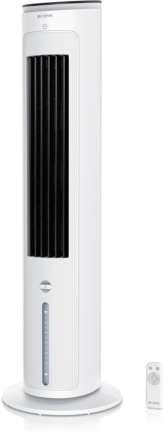 Brandson - Turmventilator mit Wasserkühlung - Preisträger 2025 - Verdunstungskühler - Luftkühler - Ventilator - mobile Klimaanlage ohne Abluftschlauch - 5 in 1 - leise - 4,6 L Wassertank - weiß