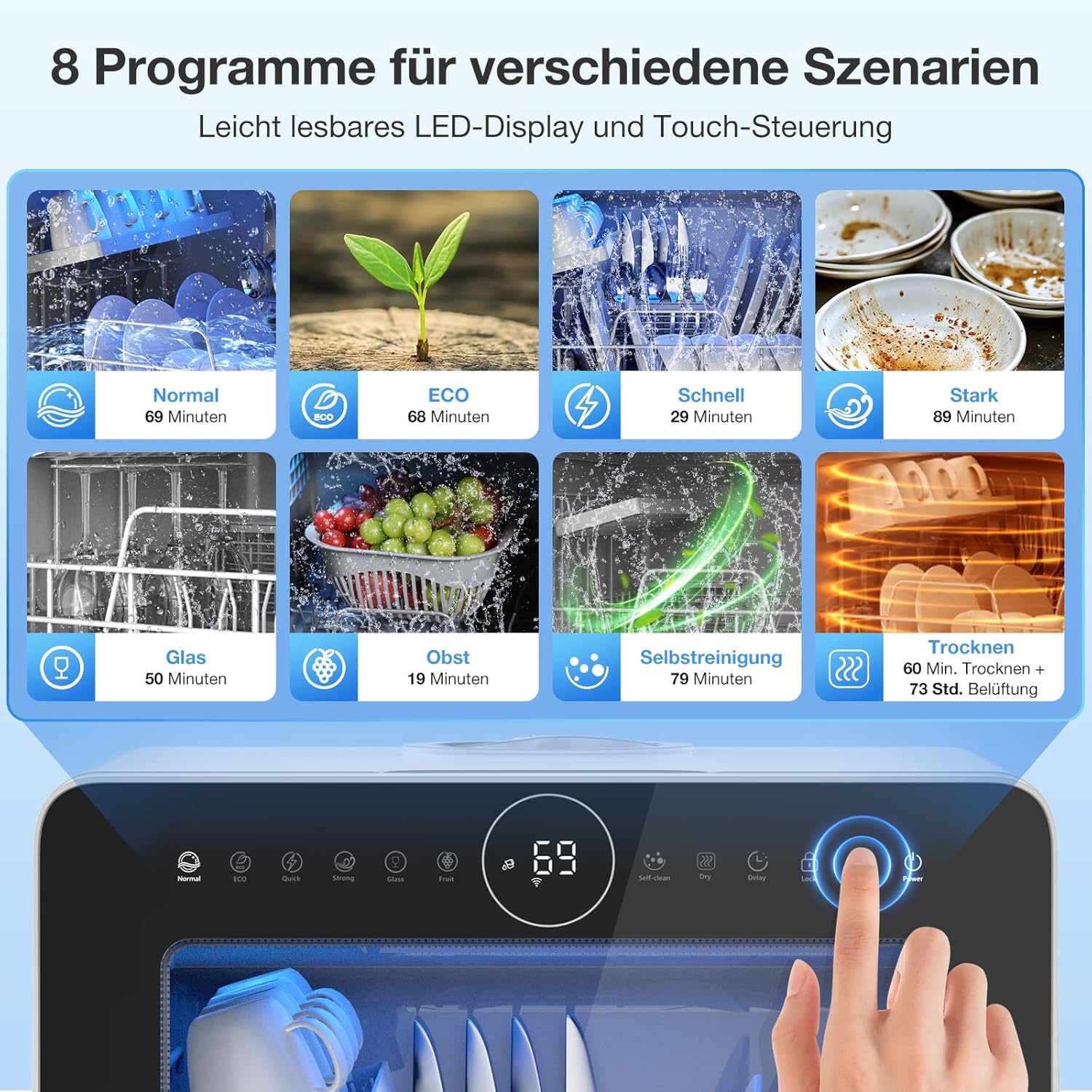 Mini Spülmaschine, BLITZHOME Geschirrspüler 8+2 Programme Smart App Steuerung Tragbarer Tischgeschirrspüler 5L Wassertank,mit/ohne Wasseranschluss Benutzbar, Trocken, Startverzögerung, Kindersicherung