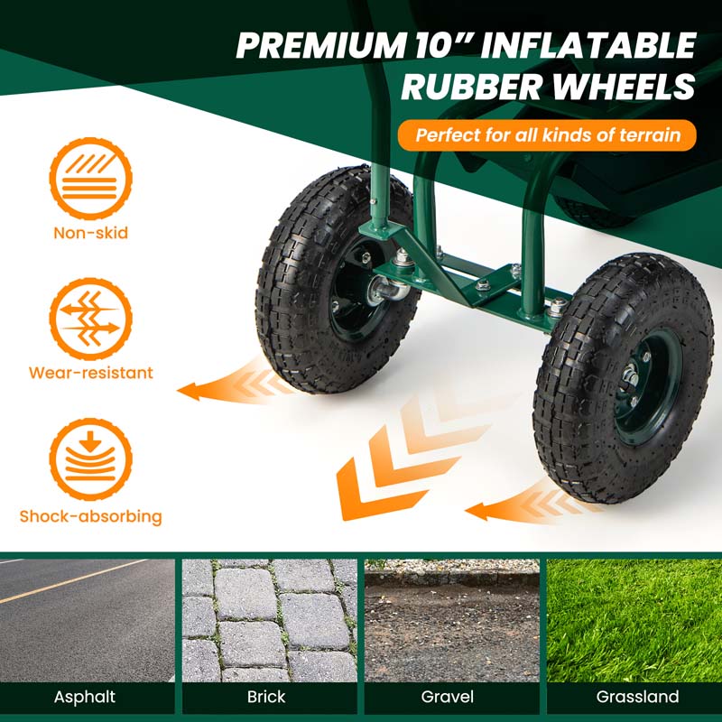 Green Rolling Garden Cart Workseat Garden Scooter with 360 Degree Swivel Cushioned Seat & Tool Storage, 2 Steering Handles