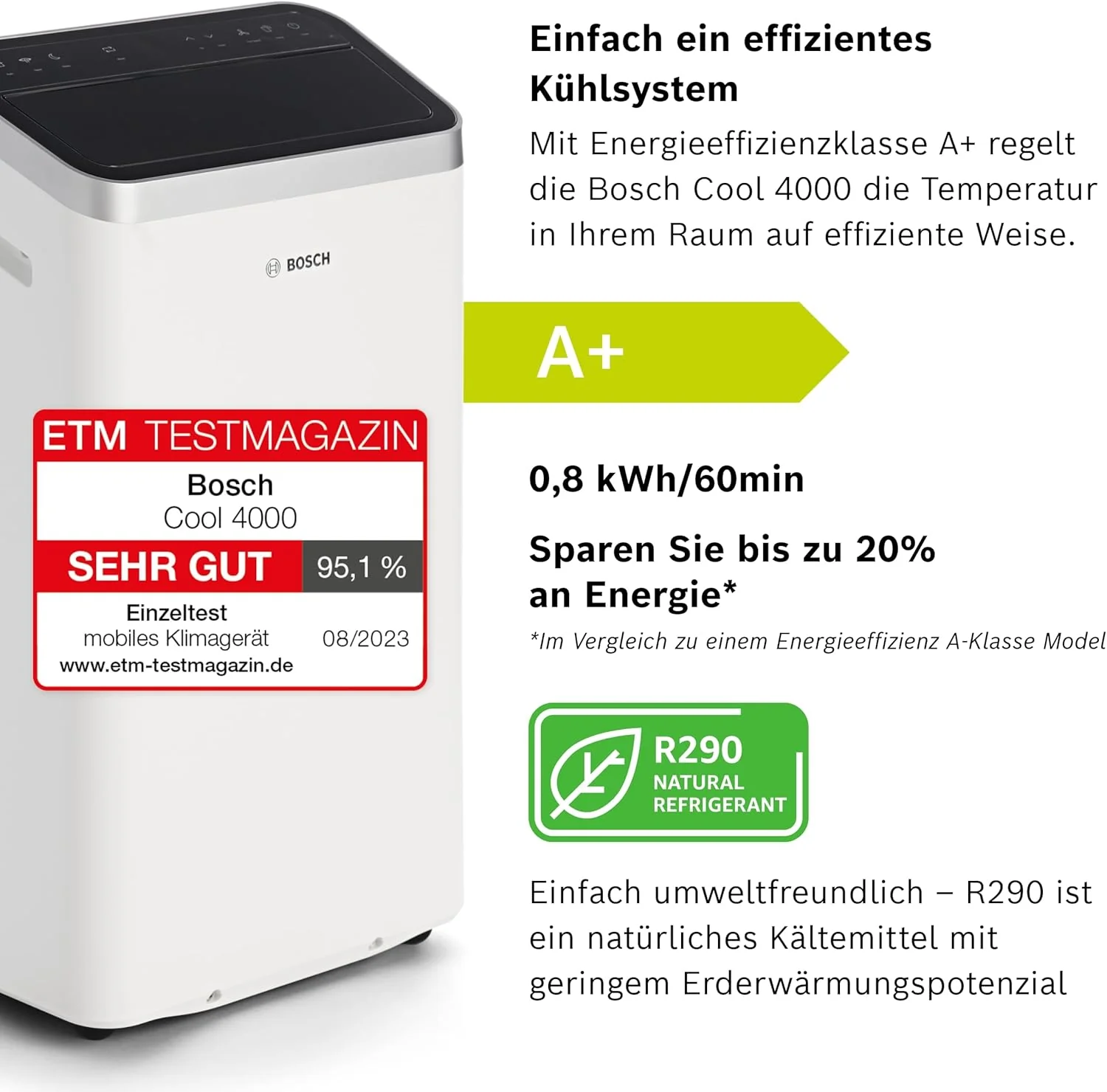 Bosch Cool 4000 Mobiles Klimagerät - 3-in-1: Klimagerät, Luftentfeuchter, Ventilator - 2,6 kW für Räume bis zu 35m² - Mit Auto-Modus, Silent-Modus & Sleep-Modus