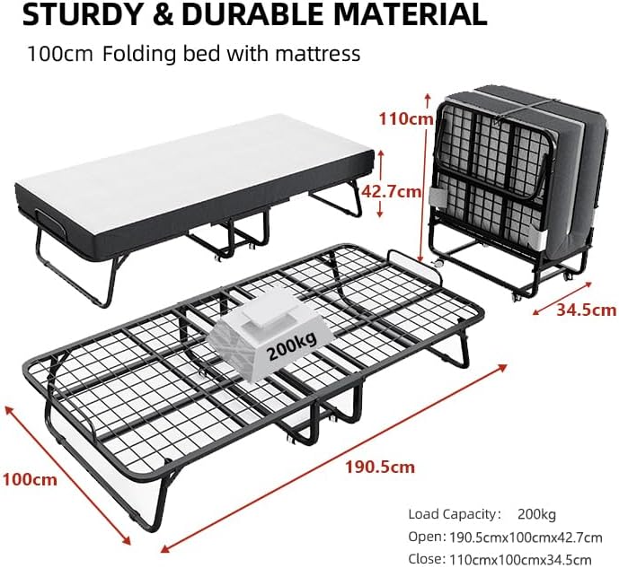 CAIYUN Cama Plegable de 100 x 190 cm, colchón de espuma viscoelástica de 13 cm aprox., cama de invitados, marco de metal, ruedas