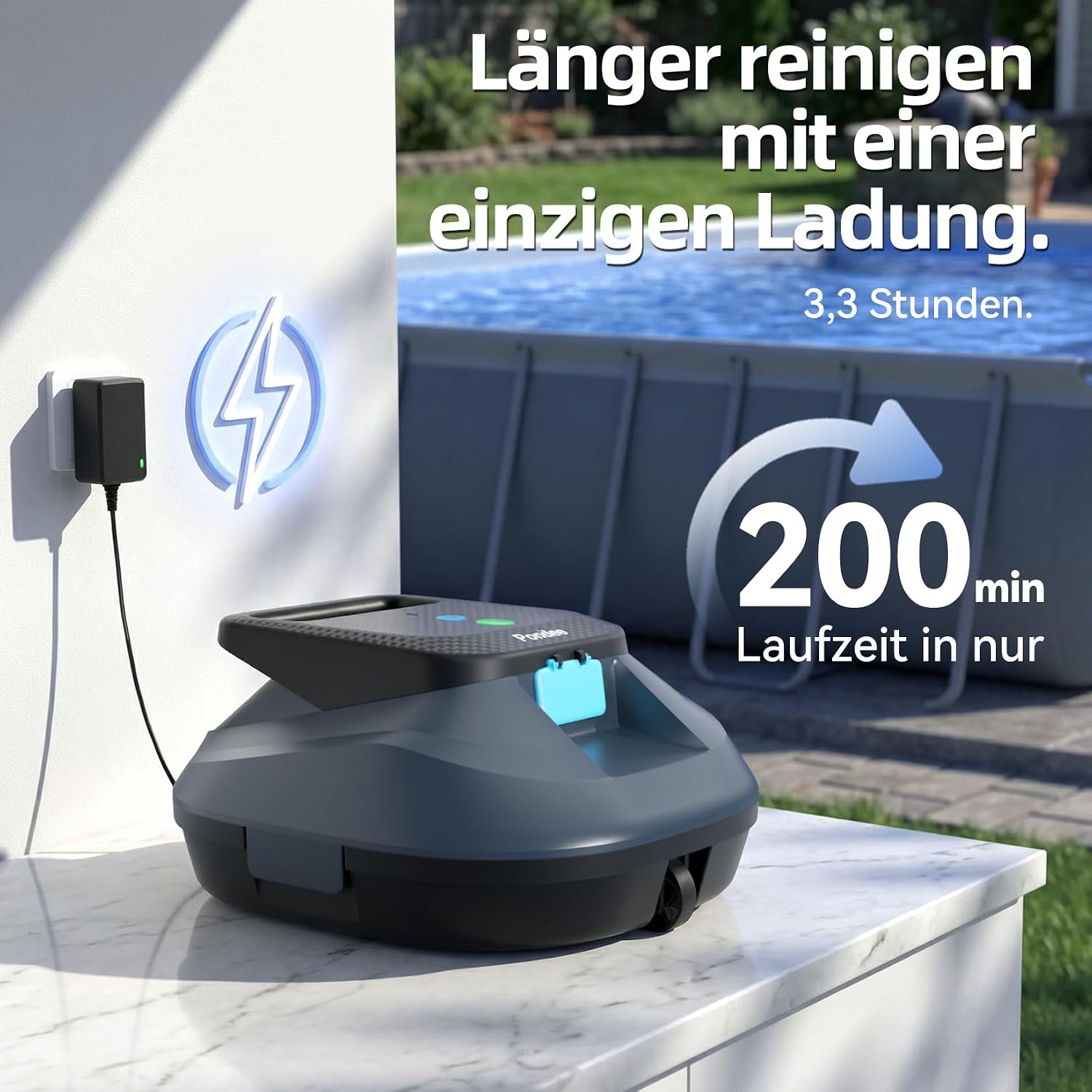 (2026 Neu) X2 Poolroboter Akku mit 200 Min Laufzeit, Kabelloser Poolsauger Auto-Parkfunktion, 3.3 h Schnellladung, für Aufstellpools & Ebene eingelassene Pools bis 120m², Blau
