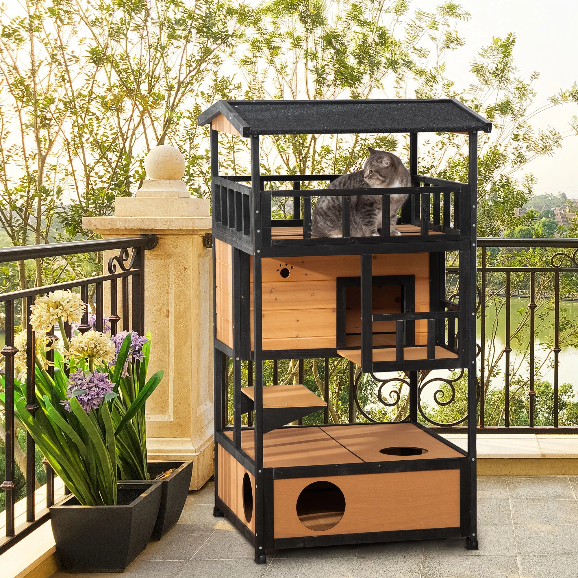 PawHut Outdoor Kattenhuis Kattenhut, weerbestendig, 75,5 cm x 75 cm x 137 cm, Geel