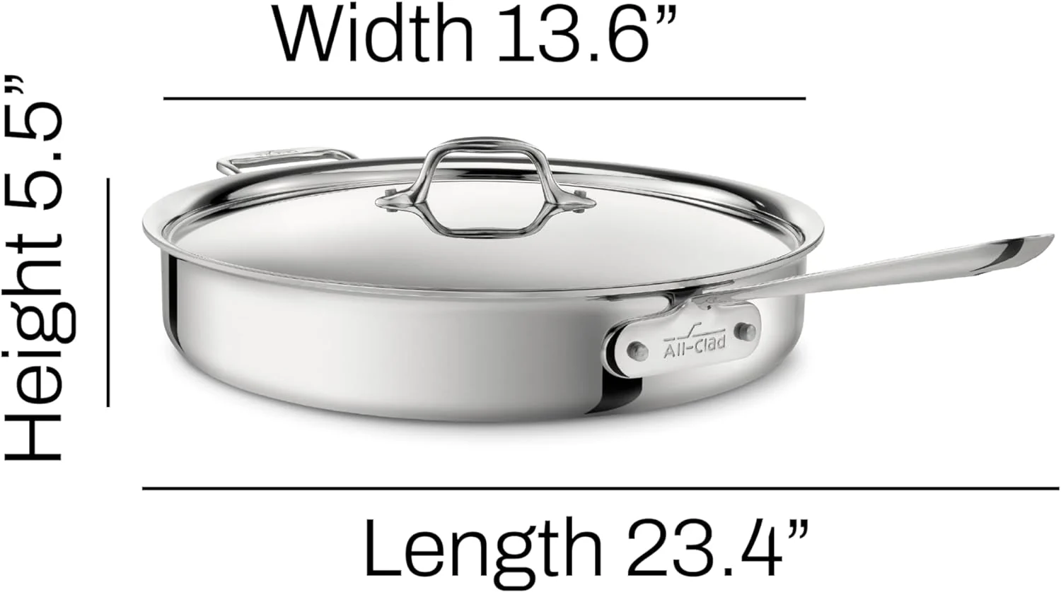 All-Clad D3 Sartén para Saltear de Acero Inoxidable de 3 Capas, 6 Cuartos, Compatible con Inducción, Horno y Grill hasta 600°F, Ollas y Sartenes, Color Plateado