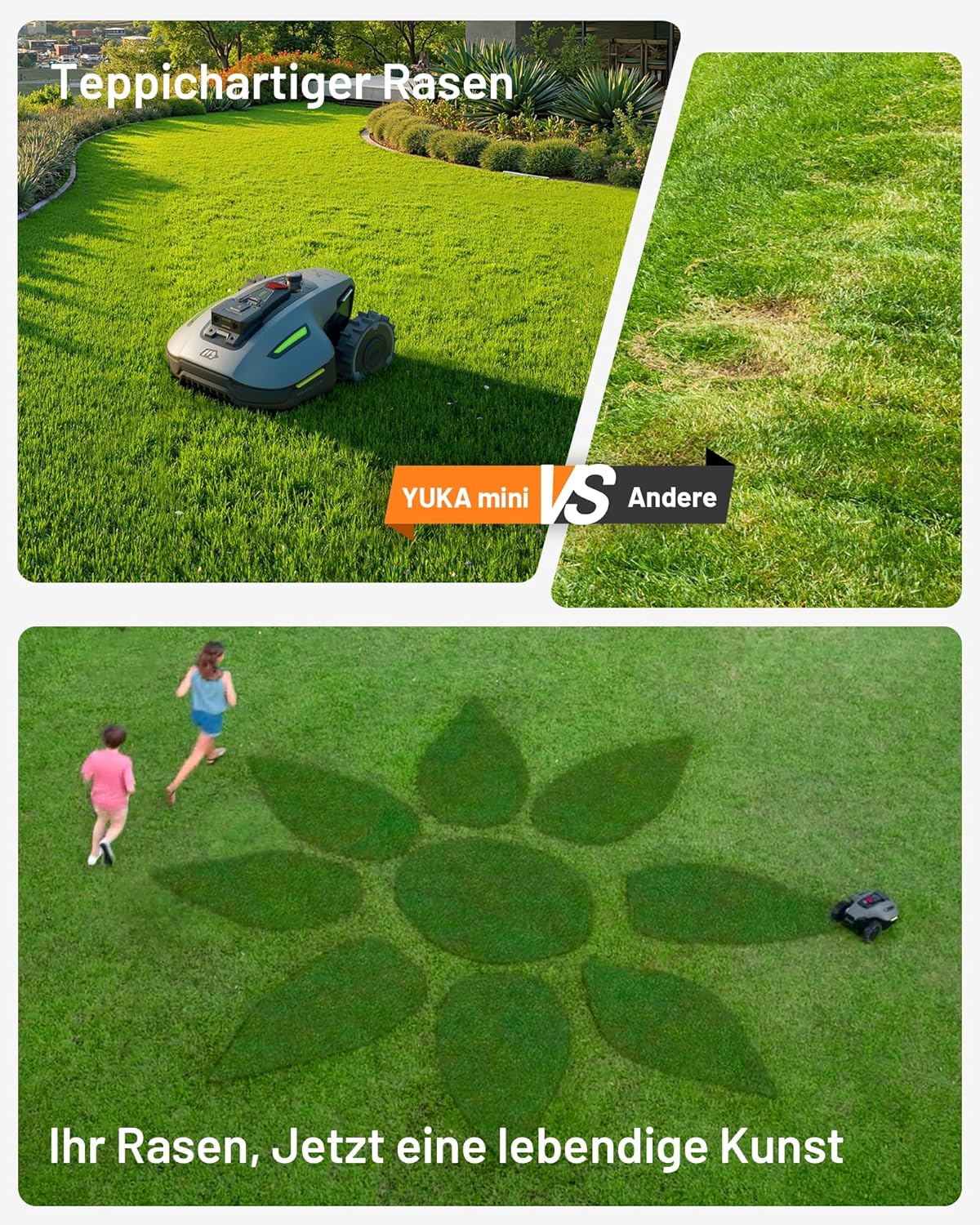 MAMMOTION YUKA Mini 700 Mähroboter ohne Begrenzungskabel, NetRTK+Vision, Keine RTK-Antenne erforderlich, Auto-Kartierung, Empf. 700m², Max. 1100m², mit 4G-Modul, 50% Steigung