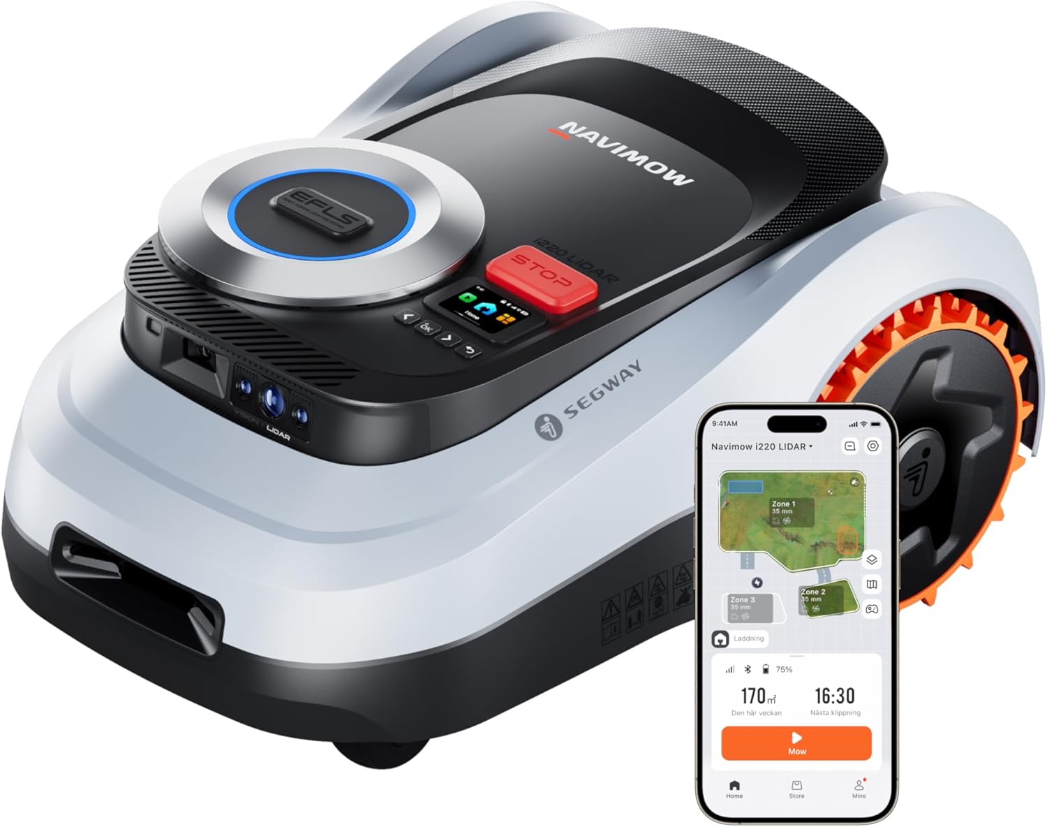 Segway Navimow i208 LiDAR robotgräsklippare utan slinga för 800m2, terränghjul klarar sluttningar på 45%, LiDAR och Vision dubbelsystem, 1-trycks automappning, ingen antenn behövs