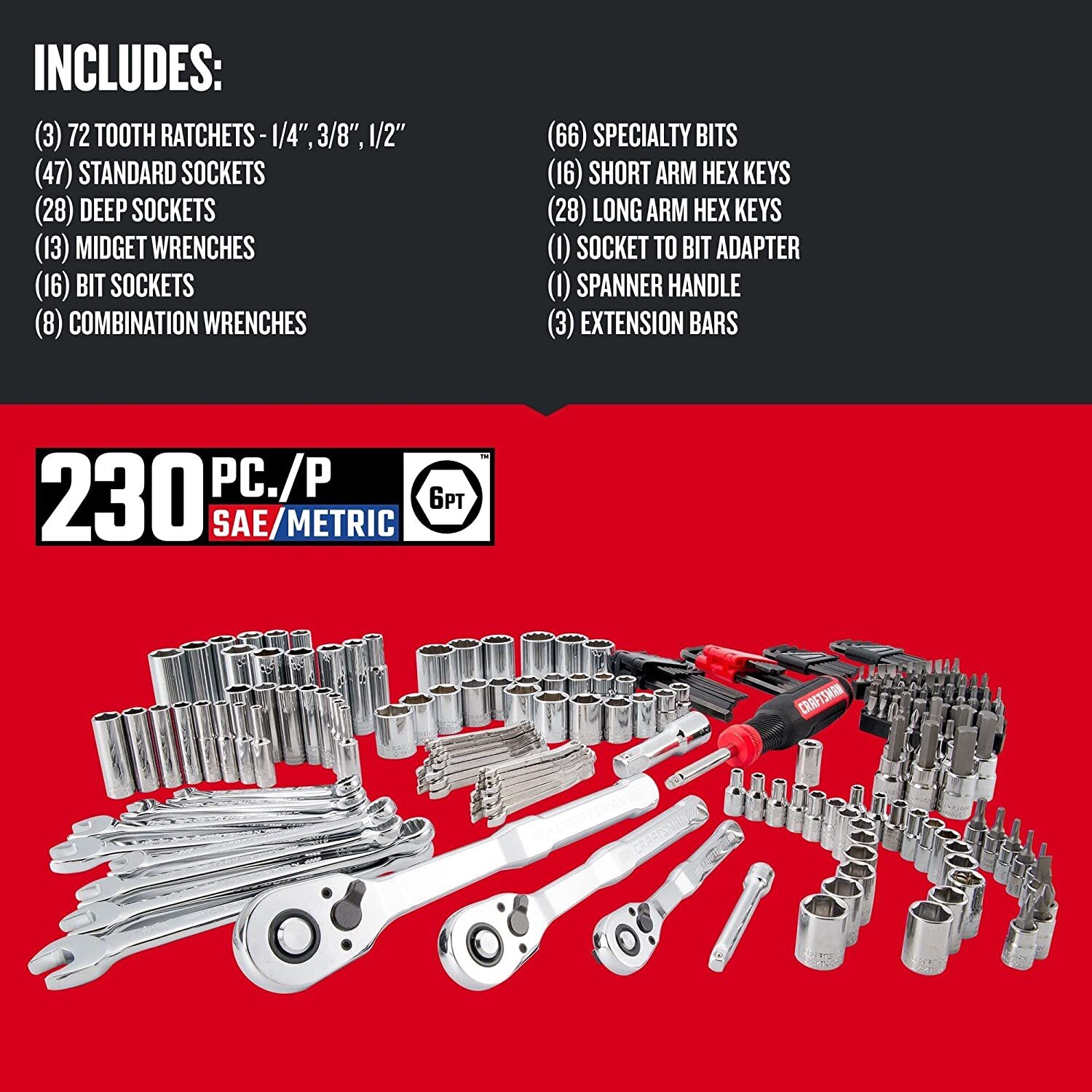 CRAFTSMAN Mechanics Tools Kit, 216-Piece with 3-Drawer Box, Chrome Finish, 72-Tooth Ratchets, 6-Point Sockets, VERSASTACK Compatible