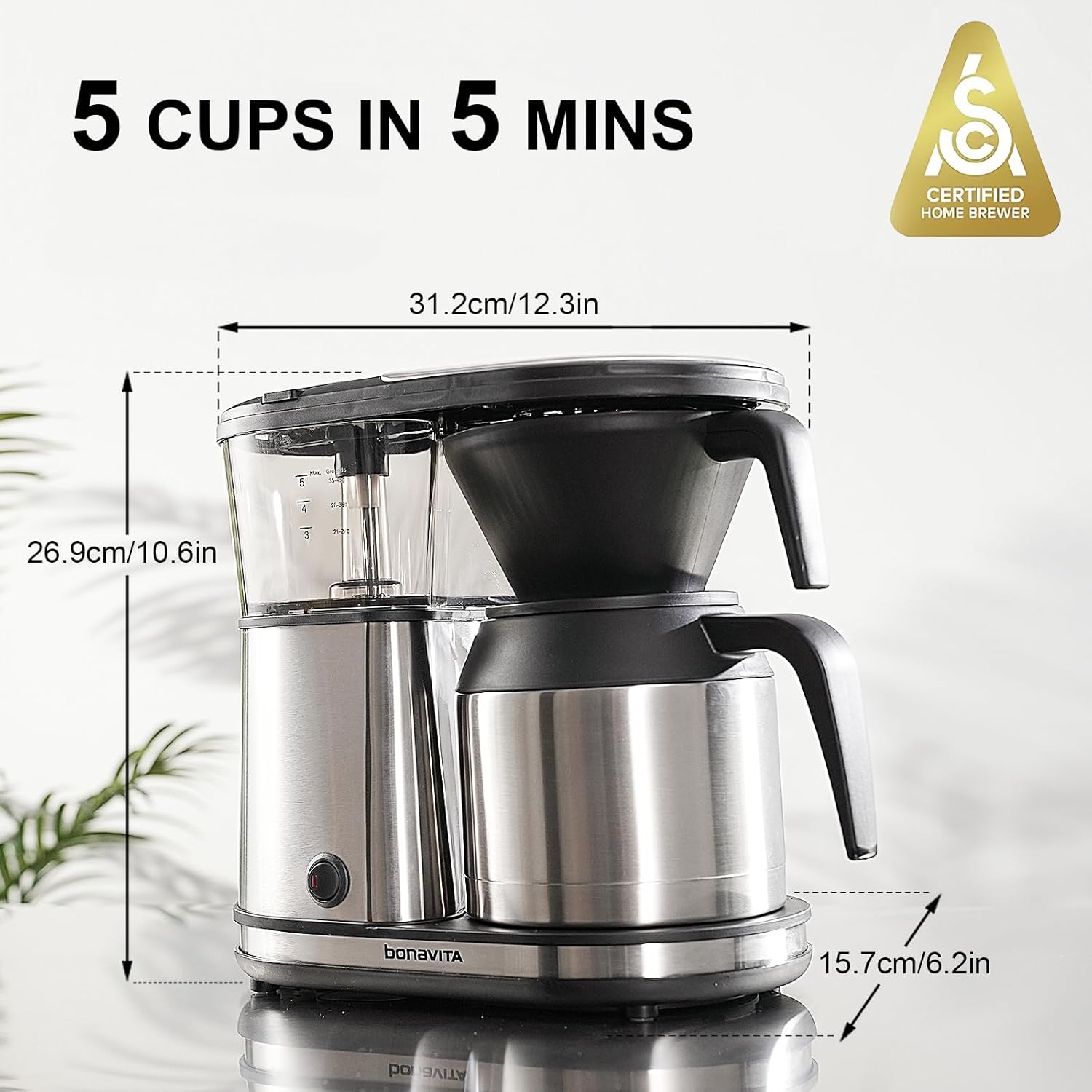 Bonavita 5 Cup Drip Coffee Maker Machine, One-Touch Pour Over, Auto Pause Brewing with Stainless Steel Double Wall Thermal Carafe, SCA Certified, Dishwasher Safe, BV1500TS