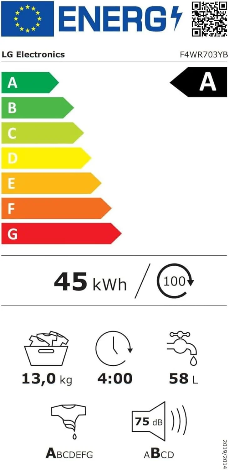 LG F4WV7080, Klasse A, Voorlader Wasmachine 8 kg, 1400 tpm, AI Direct Drive, Wi-Fi, Dieptereiniging met Stoom, Grote Capaciteit, TRIPLE A, Veiligheidsglas Buitendeur, 62 x 60 x 85 cm ? Wit