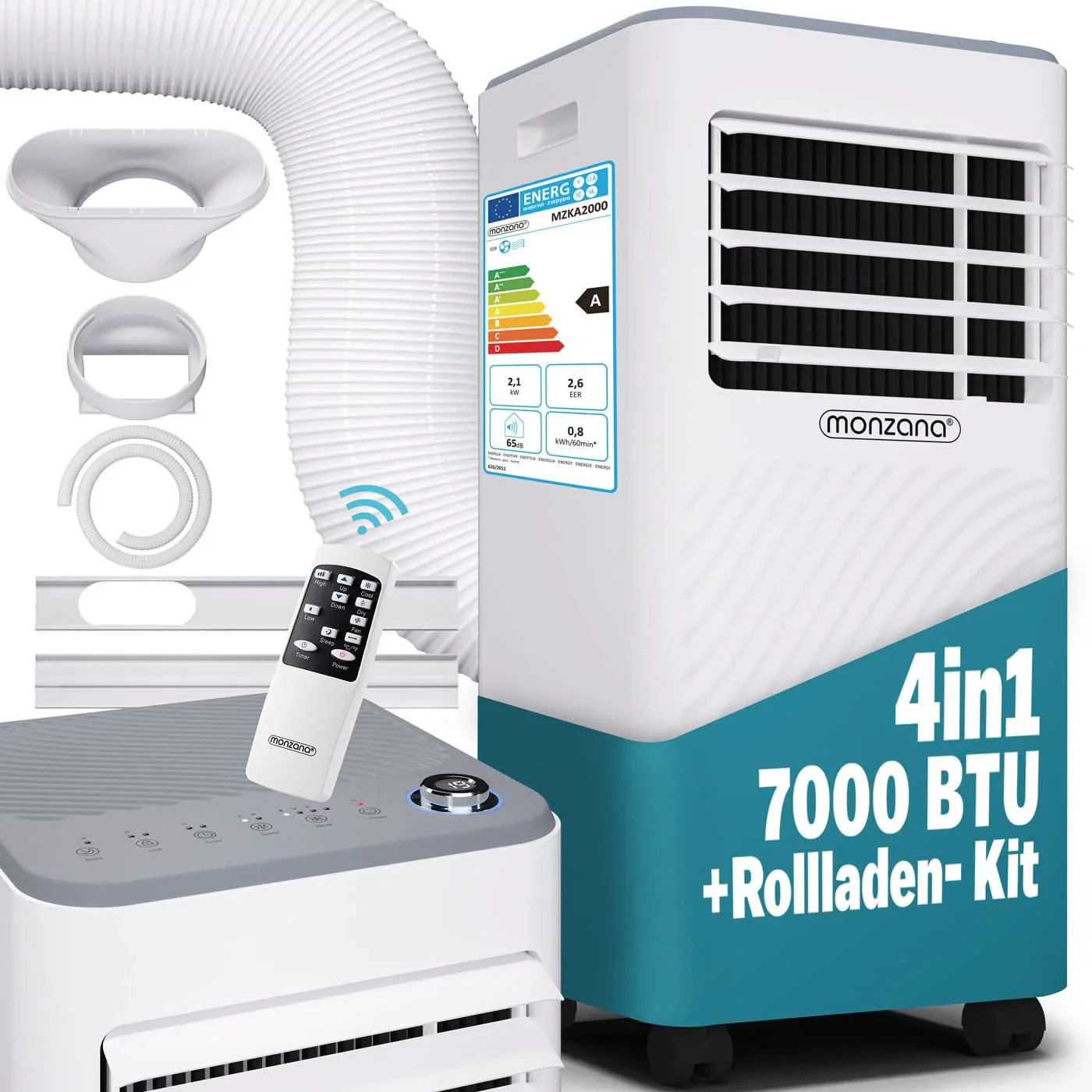 Condizionatore portatile Monzana® MZKA2000 con tubo di scarico 7000BTU 3in1 750W Timer 24h 25mq Telecomando Deumidificatore Kit di serrande Aria condizionata