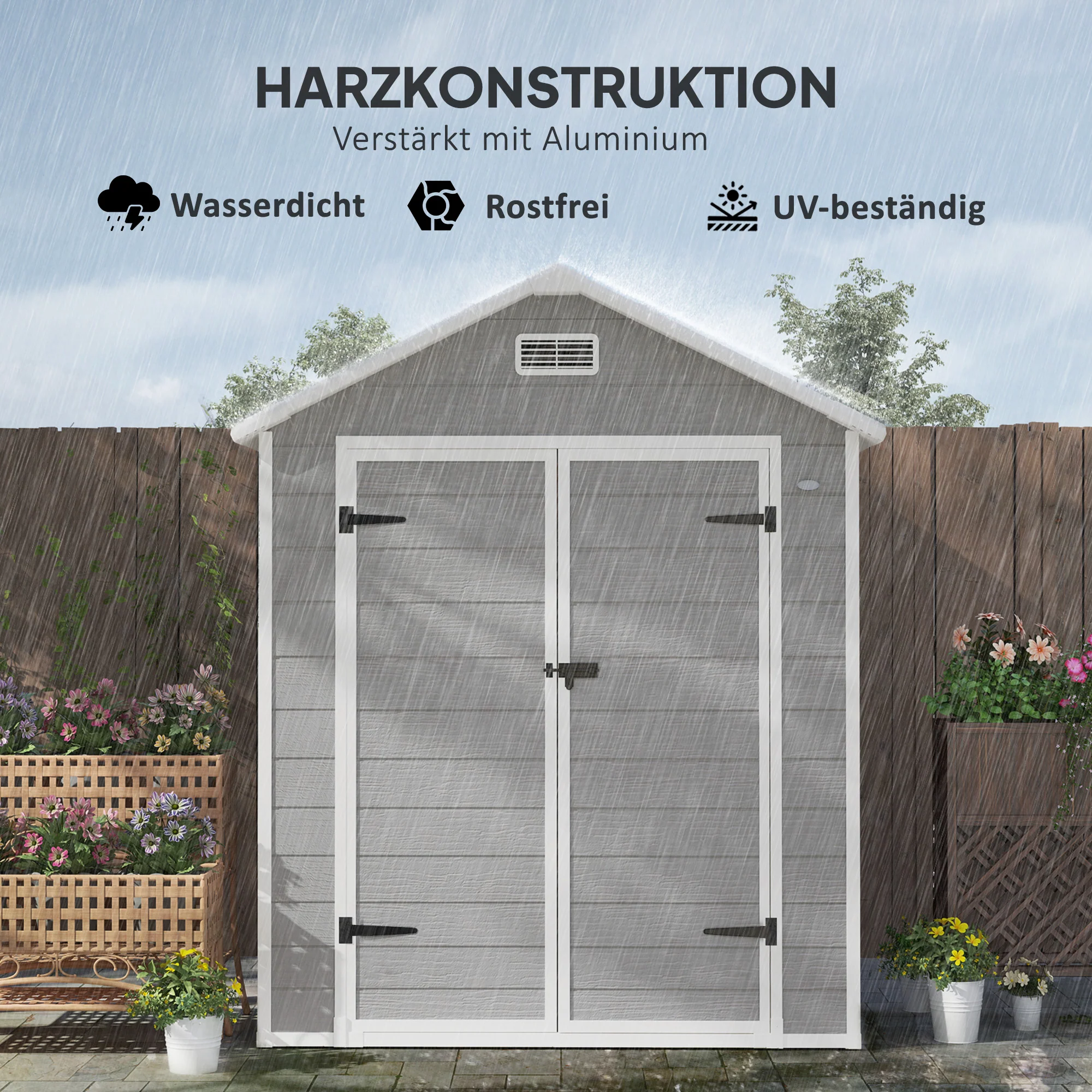 Outsunny Tuinschuur, Gereedschapsschuur met Bodem, Afsluitbare Deuren, Ventilatieopeningen, Venster, Houtlook, Kunststof, Grijs
