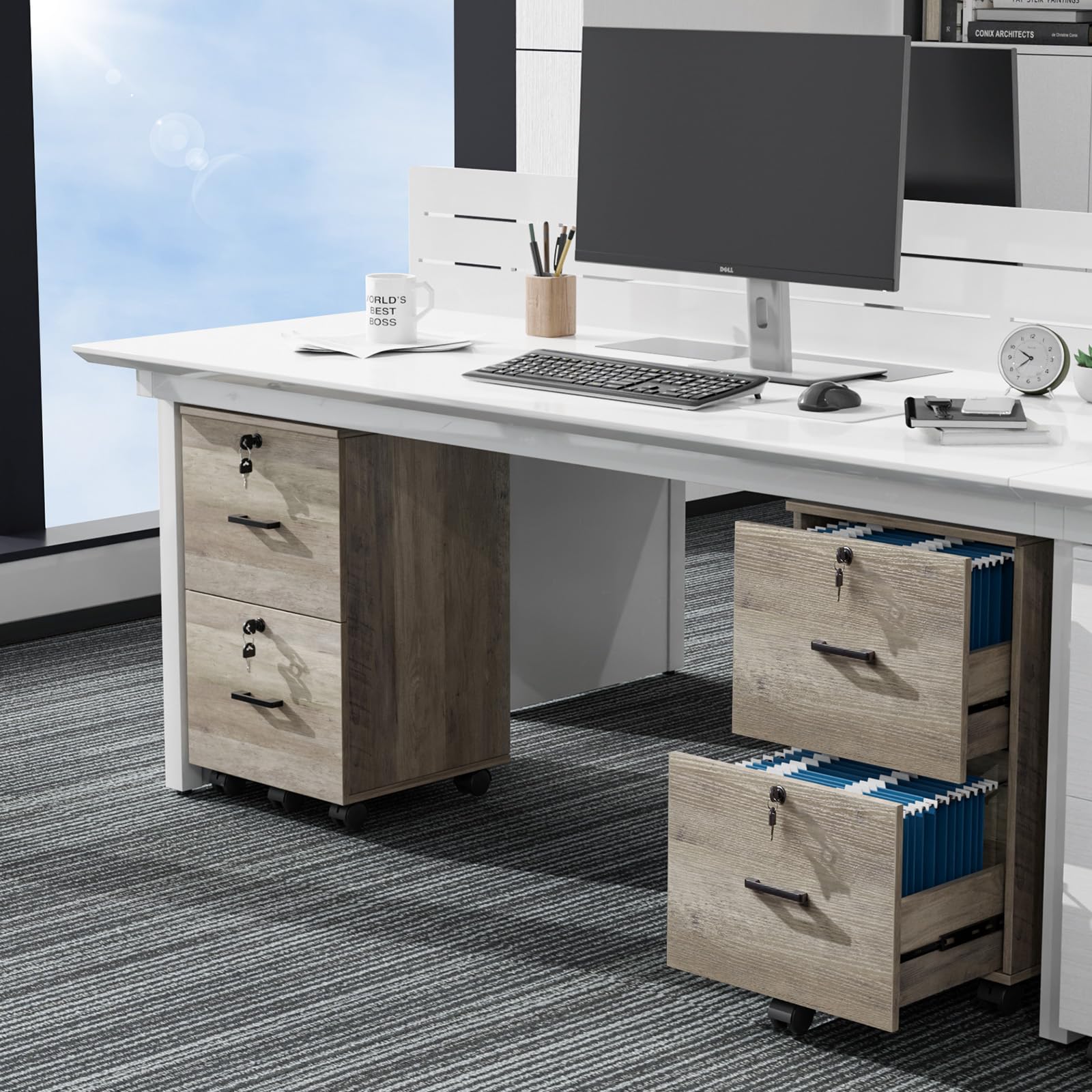 VINGLI Rustic Gray Rolling File Cabinet with Lock, 2-Drawer Storage for A4/Letter Folders, Home Office Use