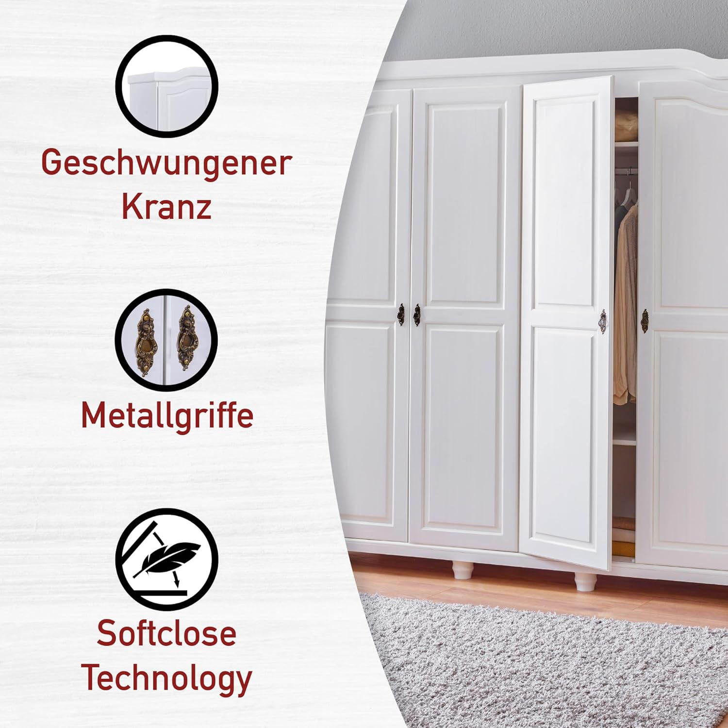 Inter Link - Large Functional Wardrobe - 4 Doors - 4 Holes - 2 Cabinets - Solid Pine Wardrobe - White Varnish - Width: 183 cm Depth: 60 cm Height: 198 cm - Isny