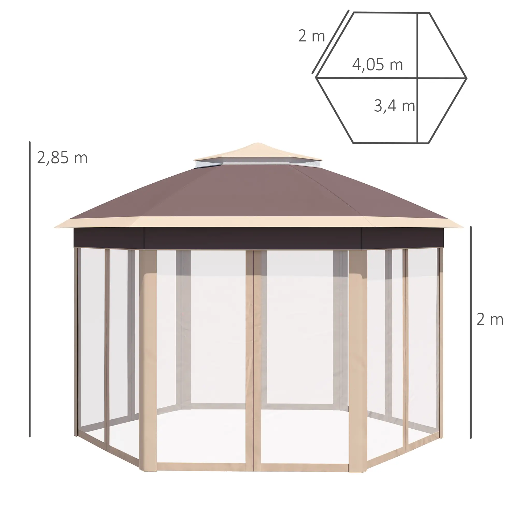 Outsunny Pavillon 4x4 m sechseckig mit Doppeldach Beige