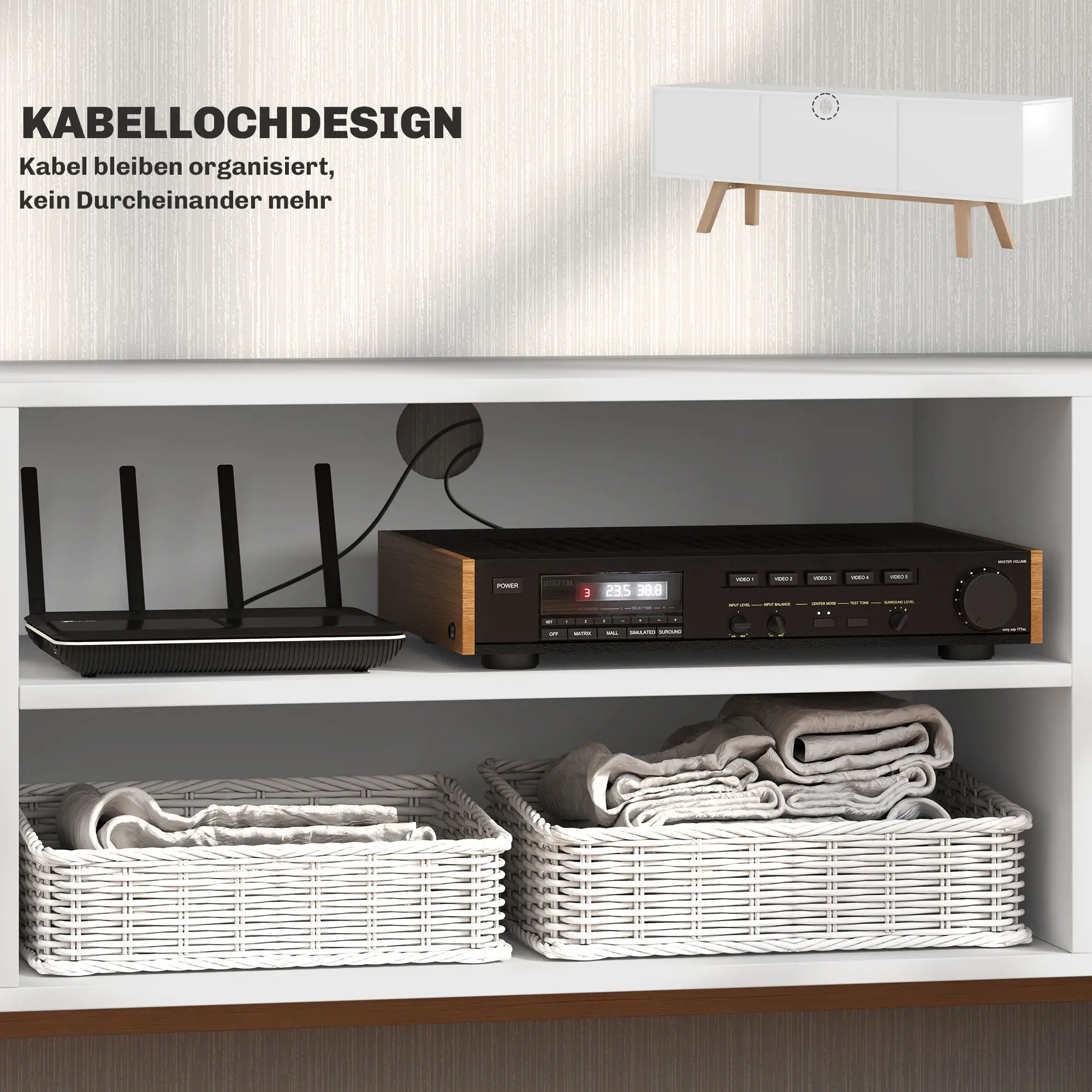 HOMCOM TV Lowboard 65 Zoll mit Kabelführung und 2 Schränken Weiß